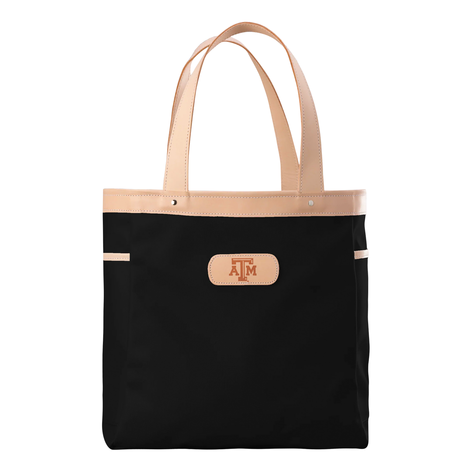 Black tote bag with tan handles and a logo