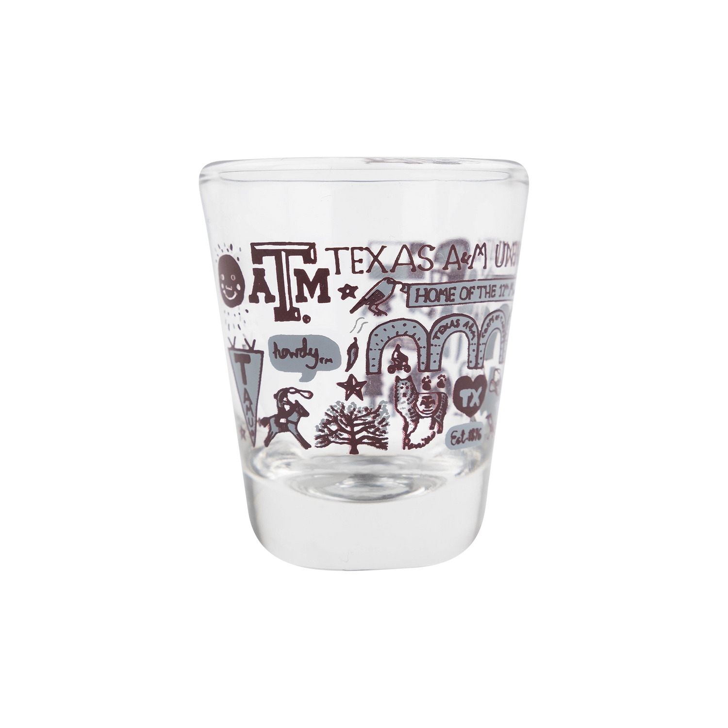Clear glass shot glass with Texas A&M illustrations and text 