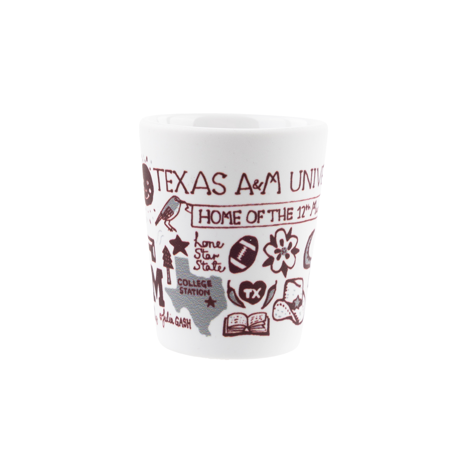 White matte shot glass with everything Texas A&M on it