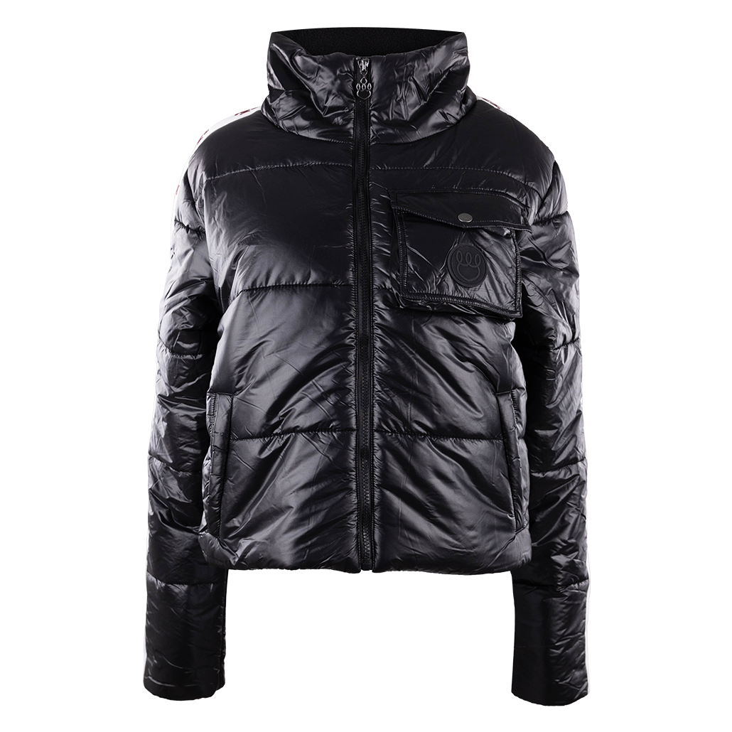 Black puffer jacket with maroon, repeating ATM logos down the sleeves.