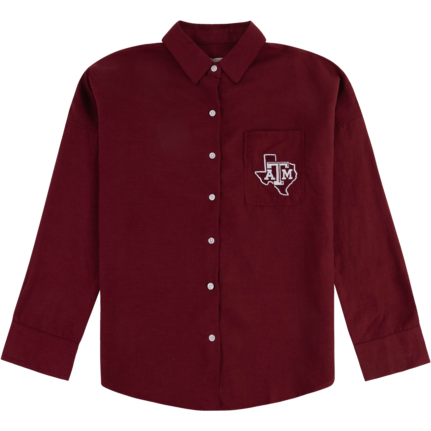 Maroon women's linen button up long sleeve collared shirt with pocket on left chest designed with Texas A&M lonestar logo patch.