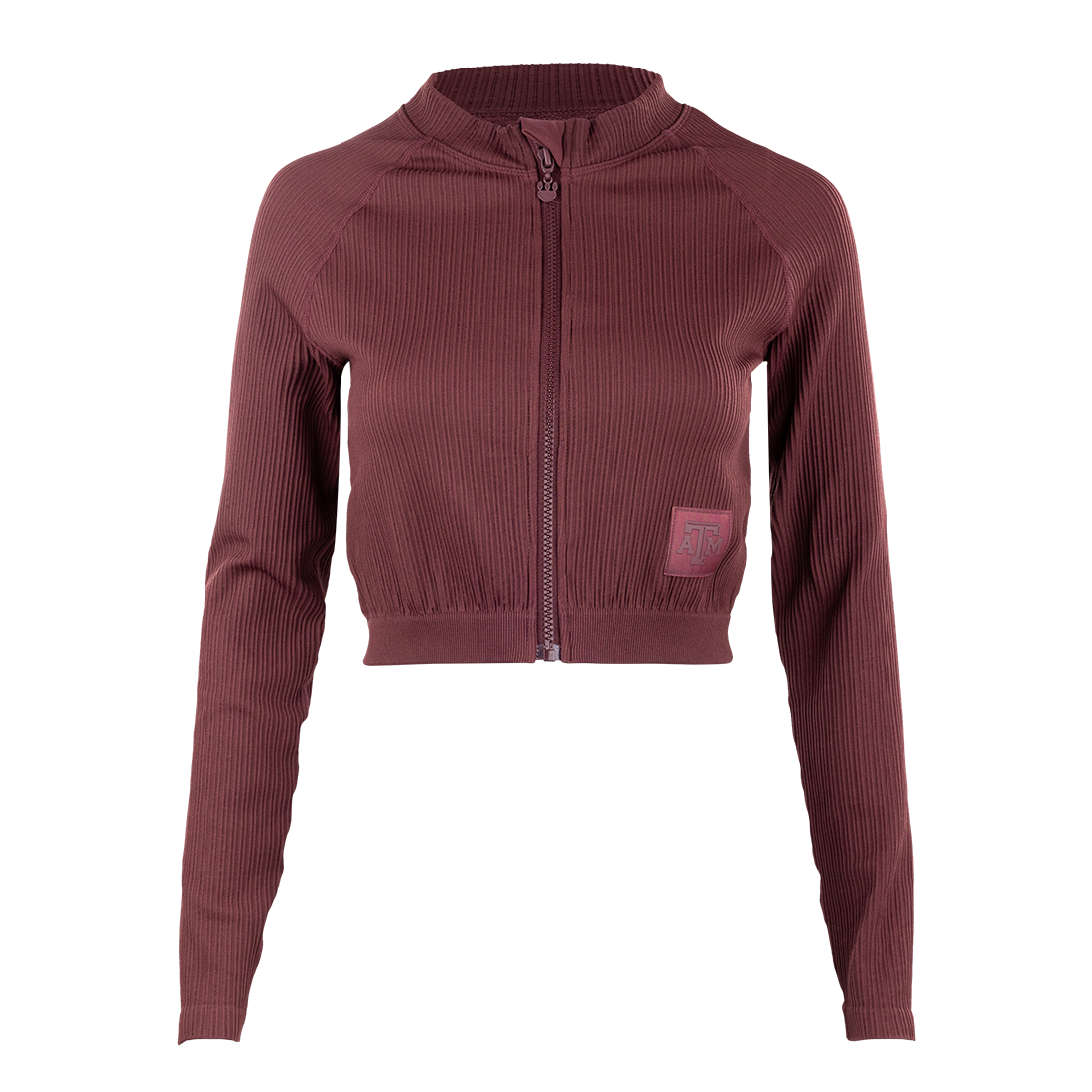 Maroon ribbed jacket with ATM patch on bottom left.