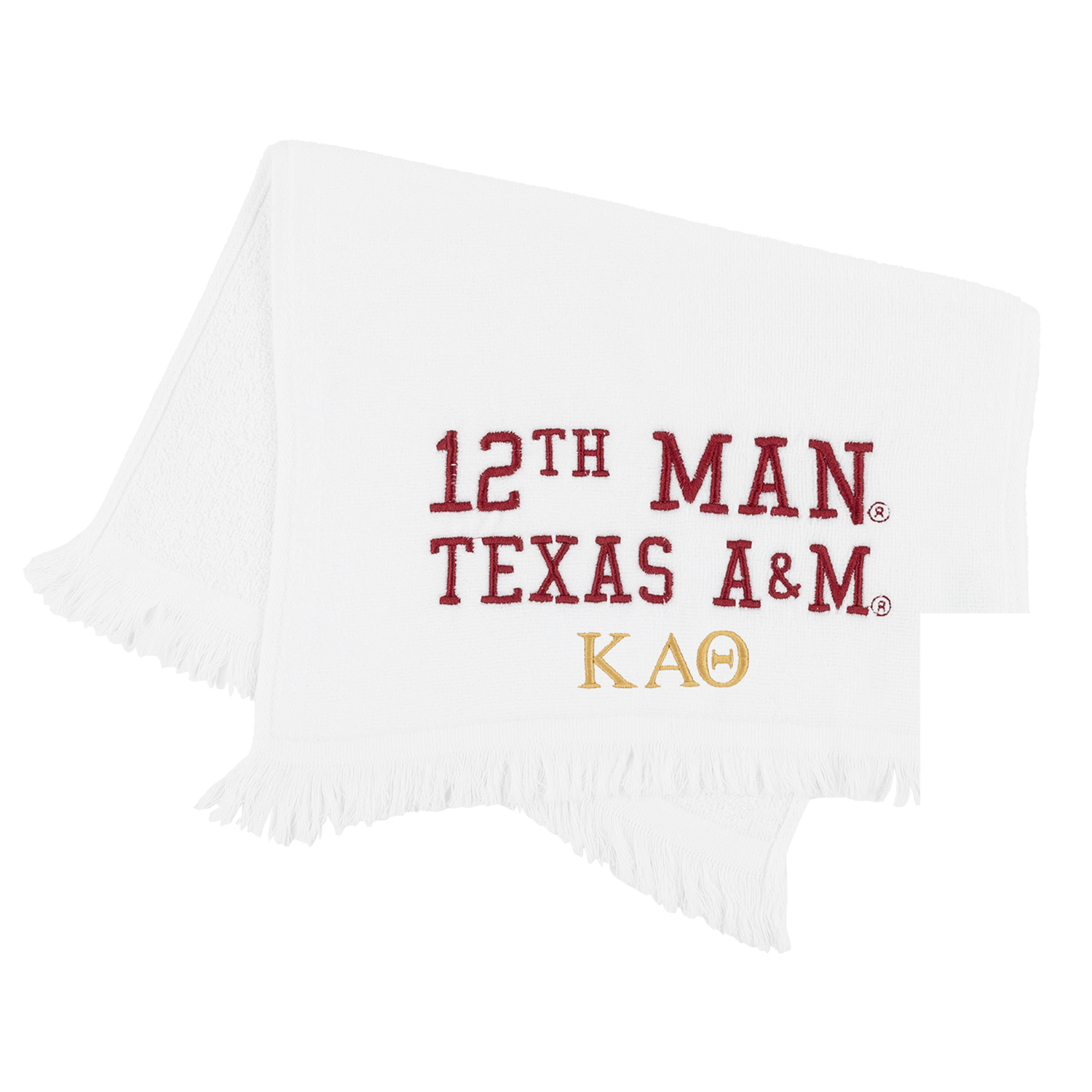 A white fringed towel featuring '12TH MAN TEXAS A&M' in maroon and 'KAO' in gold embroidered text, displayed on a clean white background.