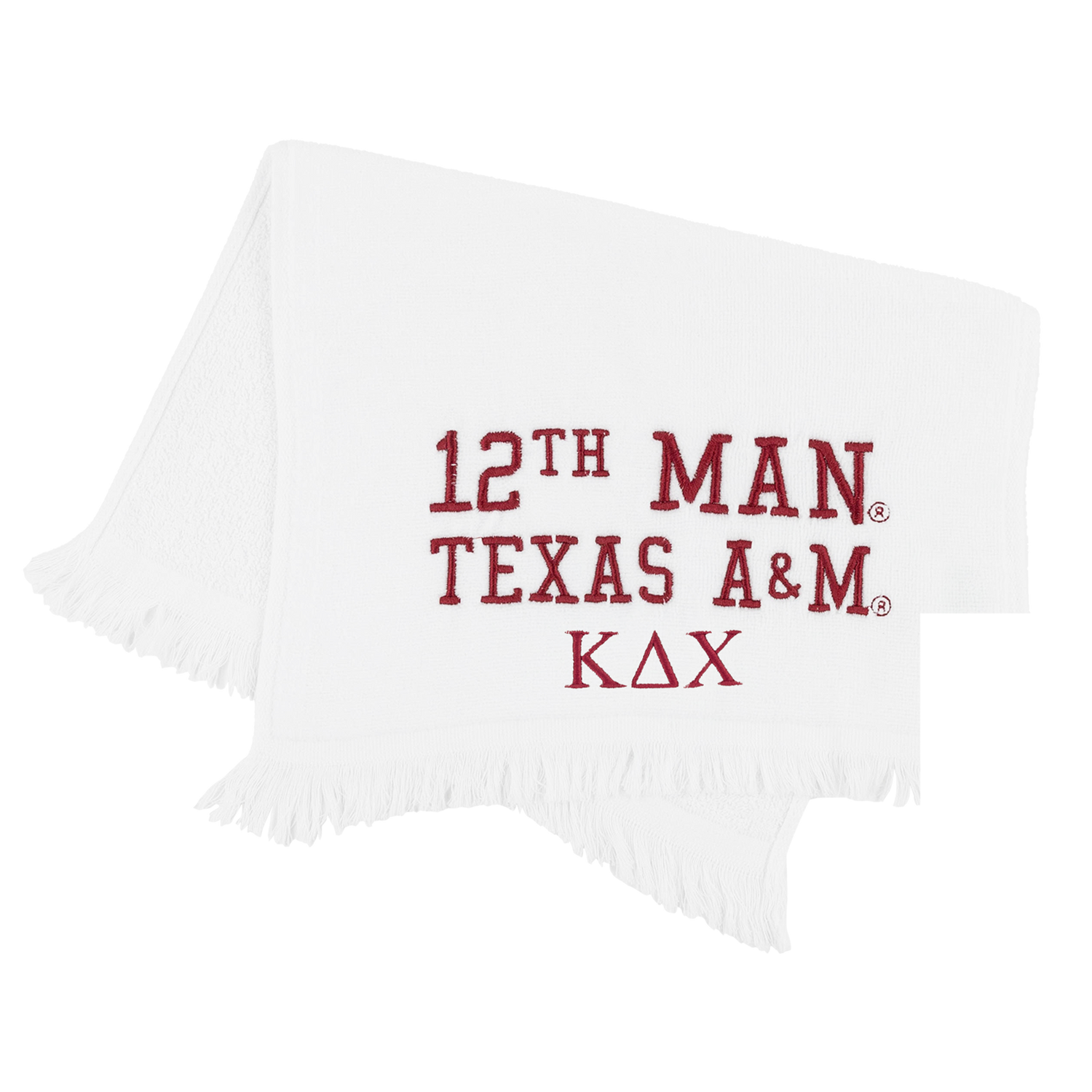 A white fringed rally towel featuring the text '12TH MAN TEXAS A&M' and Kappa Delta Chi Greek letters in a maroon collegiate font, displayed on a clean white background.