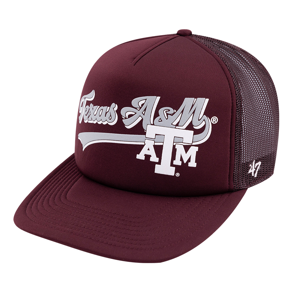 Maroon mesh back cap, with Texas A&M in script lettering in white and gray.