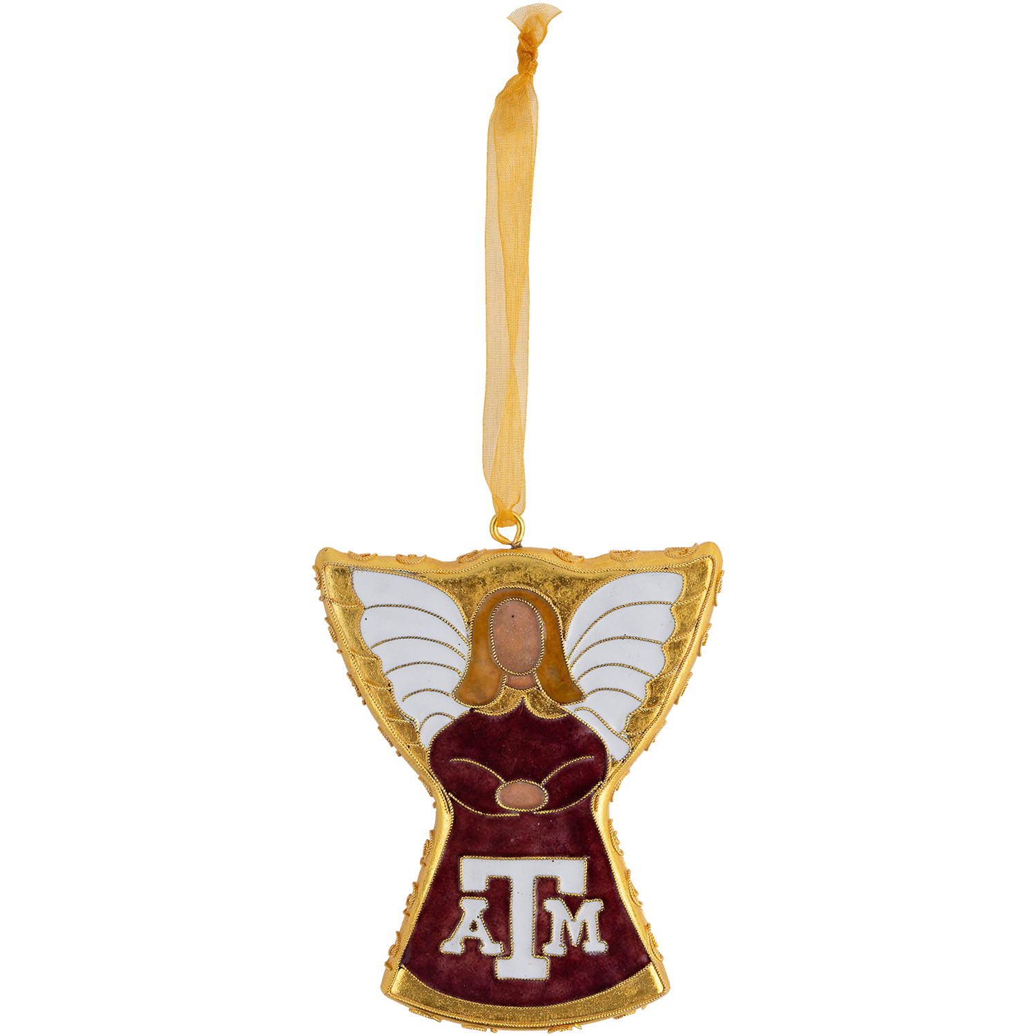 Gold-tone Texas A&M ornament featuring an angel design with white wings, a maroon robe, and an embroidered ATM logo.