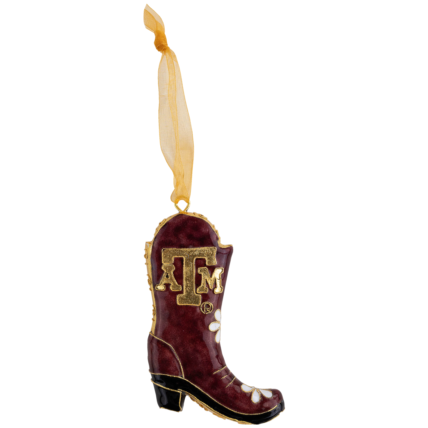Maroon Texas A&M boot-shaped Christmas ornament with a gold-tone ATM logo, white floral accents, and gold trim.