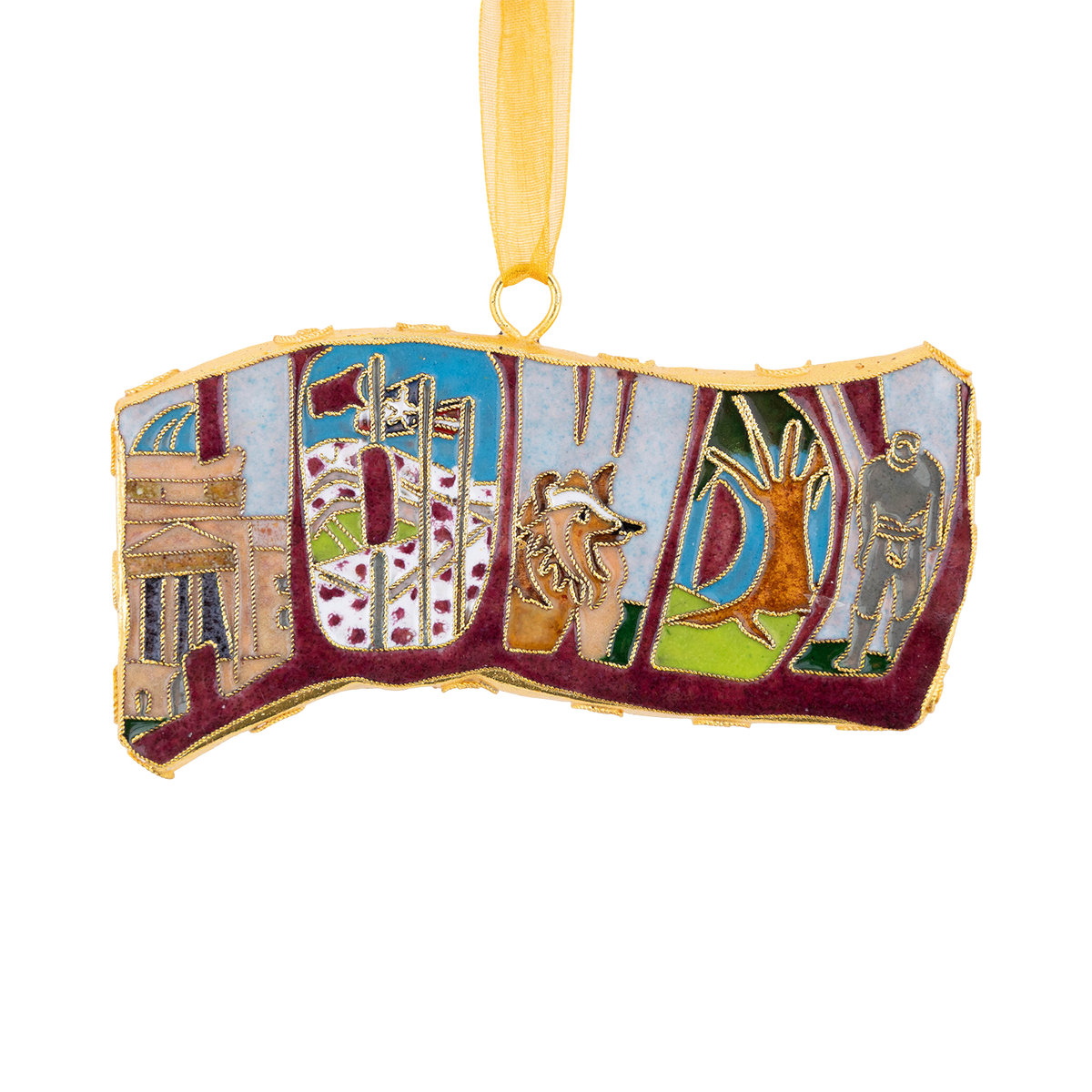 Texas A&M University holiday ornament featuring colorful embroidered lettering, campus-inspired illustrations, and gold trim with a yellow hanging ribbon.