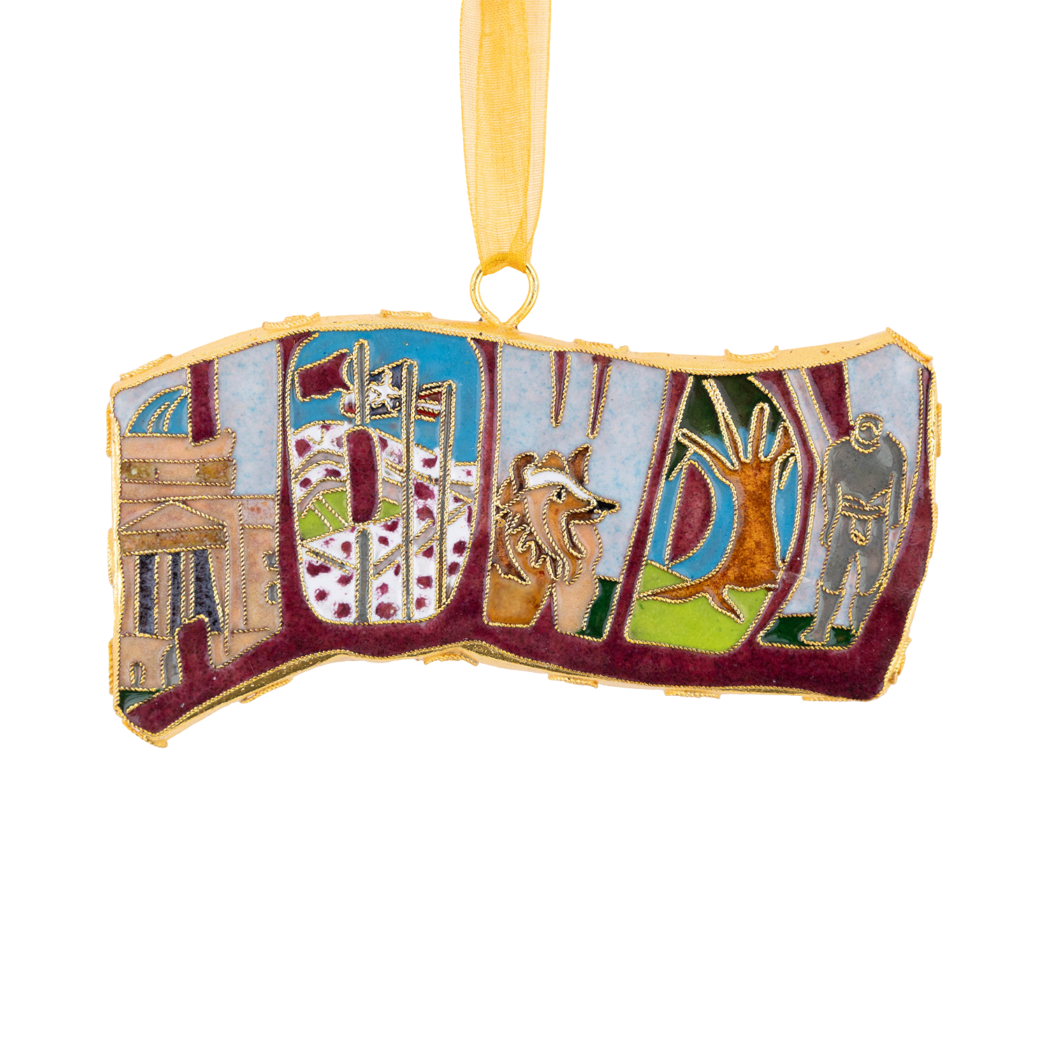 Texas A&M University holiday ornament featuring colorful embroidered lettering, campus-inspired illustrations, and gold trim with a yellow hanging ribbon.