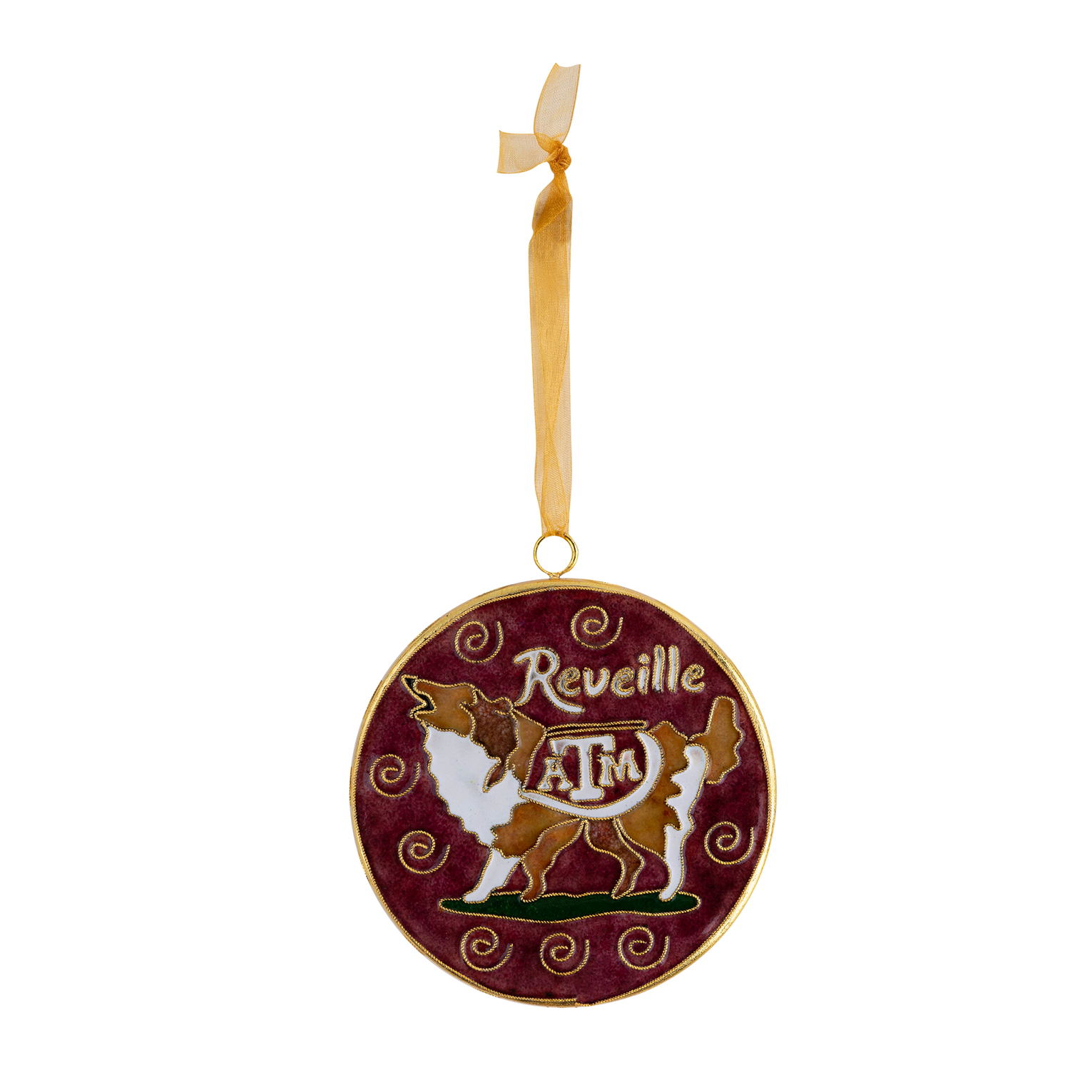 Maroon and gold Texas A&M Reveille ornament featuring a detailed Reveille graphic, gold embroidered accents, and a gold hanging ribbon.
