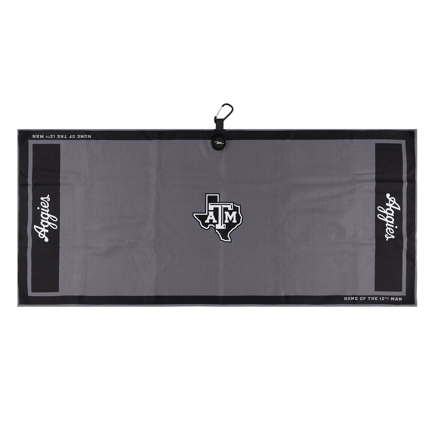Texas A&M gray rally towel with maroon and black border, white Texas A&M logo in the center, and white “Aggies” lettering along both sides. Includes a black clip attachment at the top.