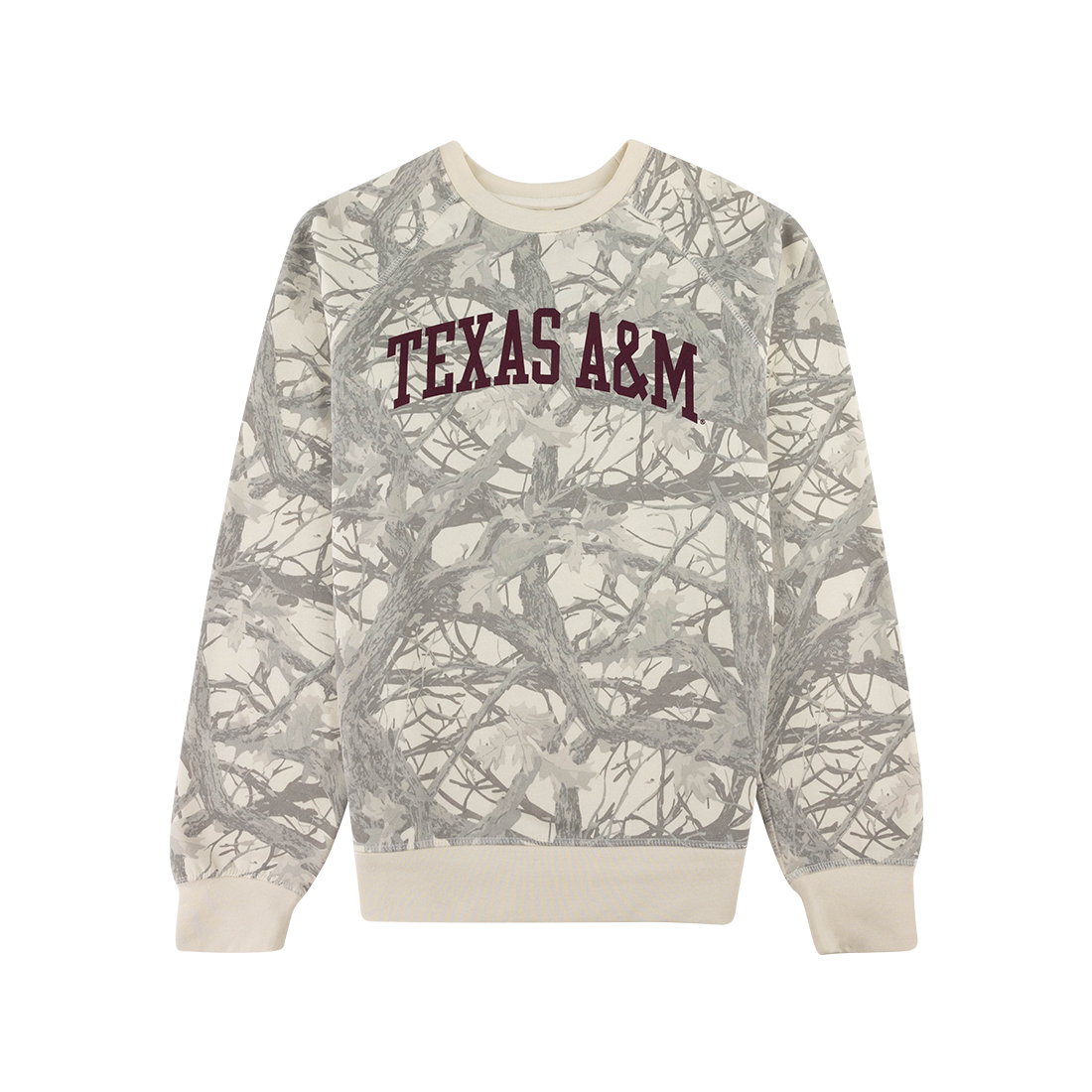Sweatshirt with 'Texas A&M' text in maroon on a camouflage pattern.