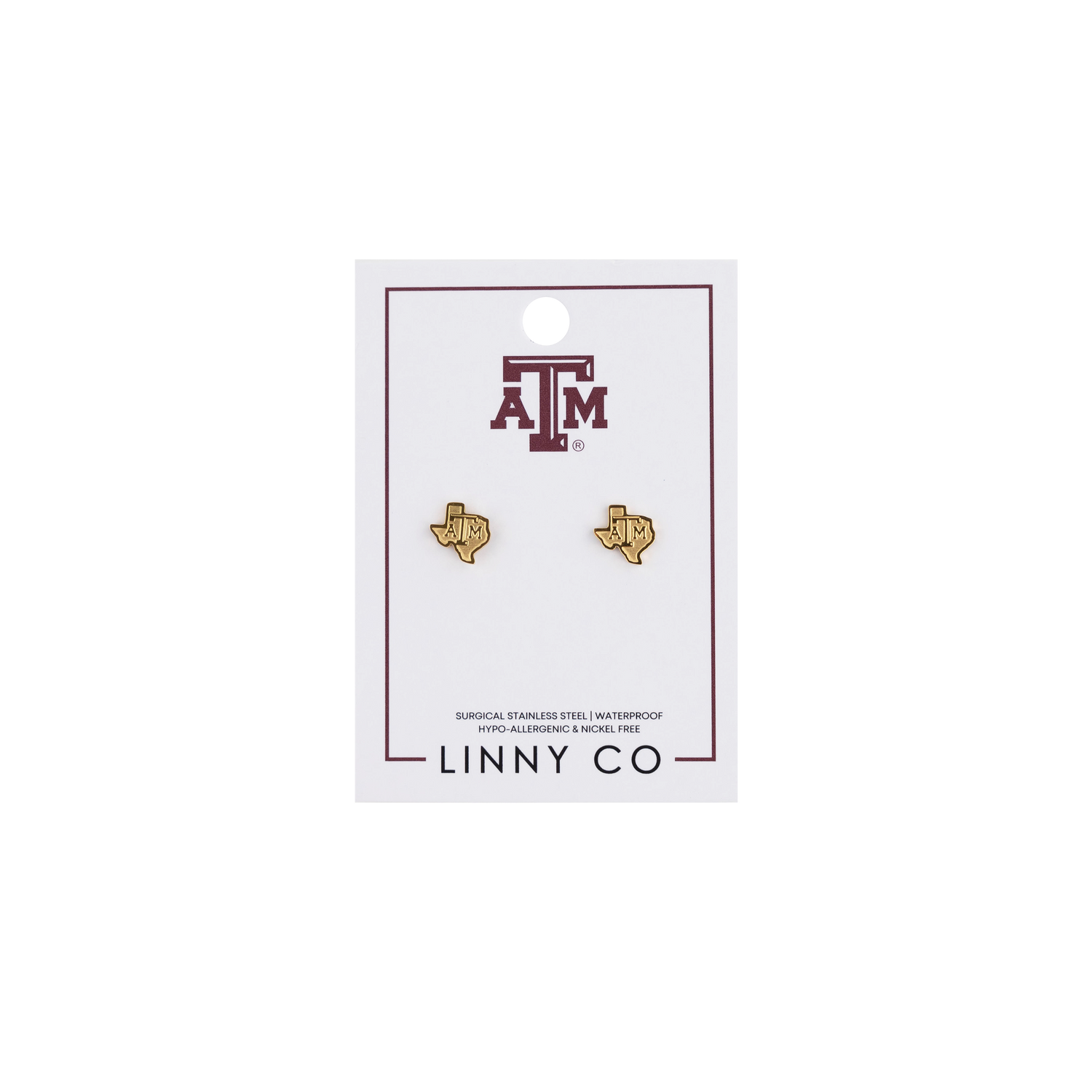 Gold Texas A&M earrings on a LINNY CO card against a white background