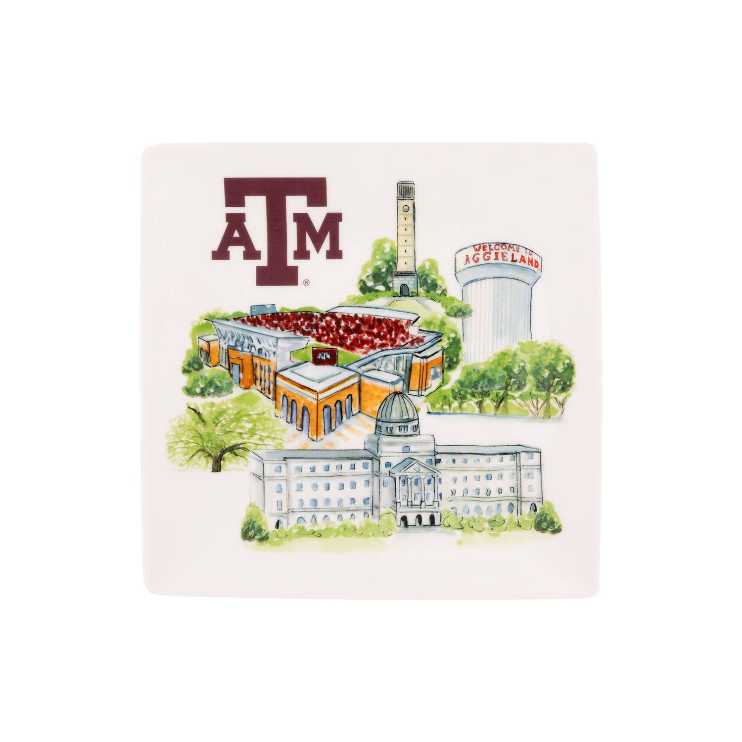 Texas A&M Landmark Ceramic Trinket Tray with illustrated campus landmarks including Kyle Field and Academic Building