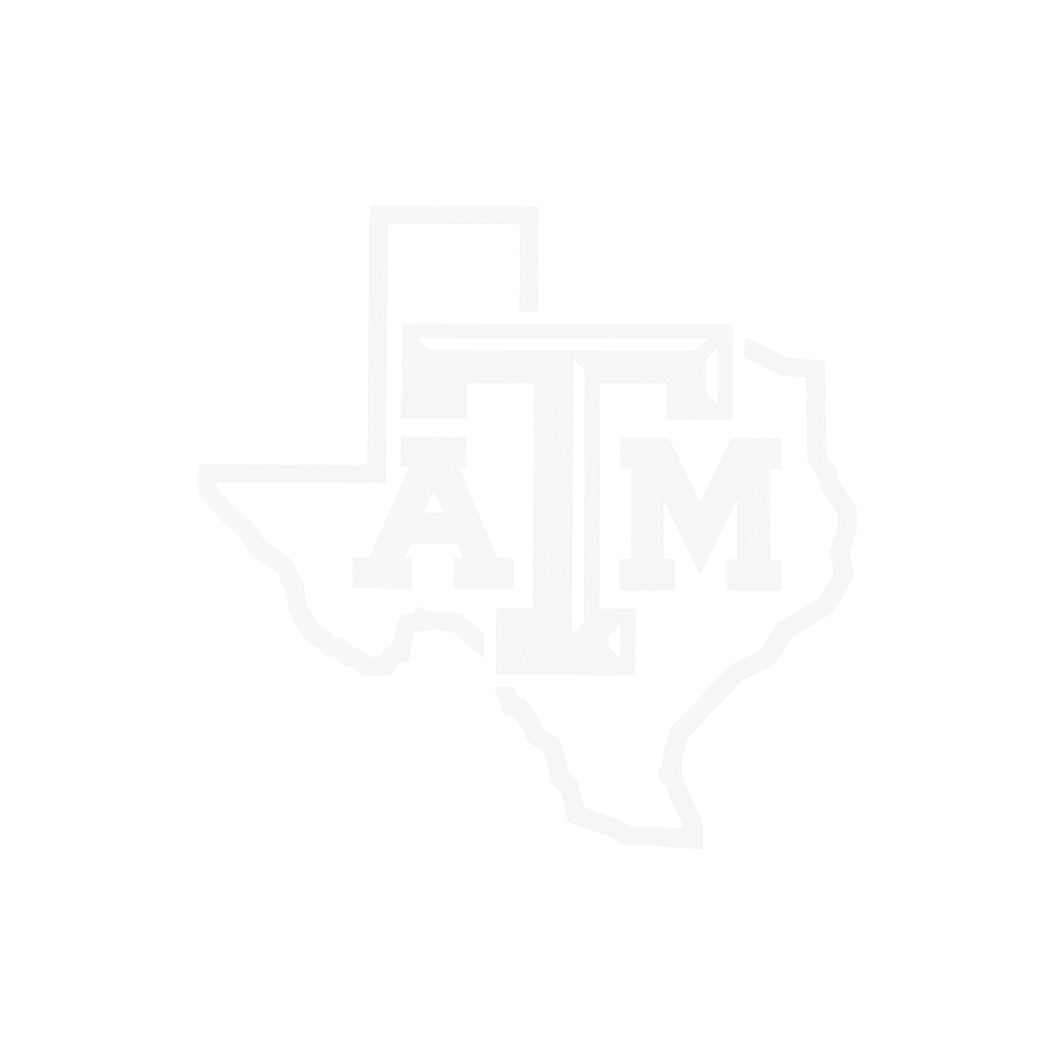 White Texas A&M ATM logo over a Texas-shaped outline sticker.