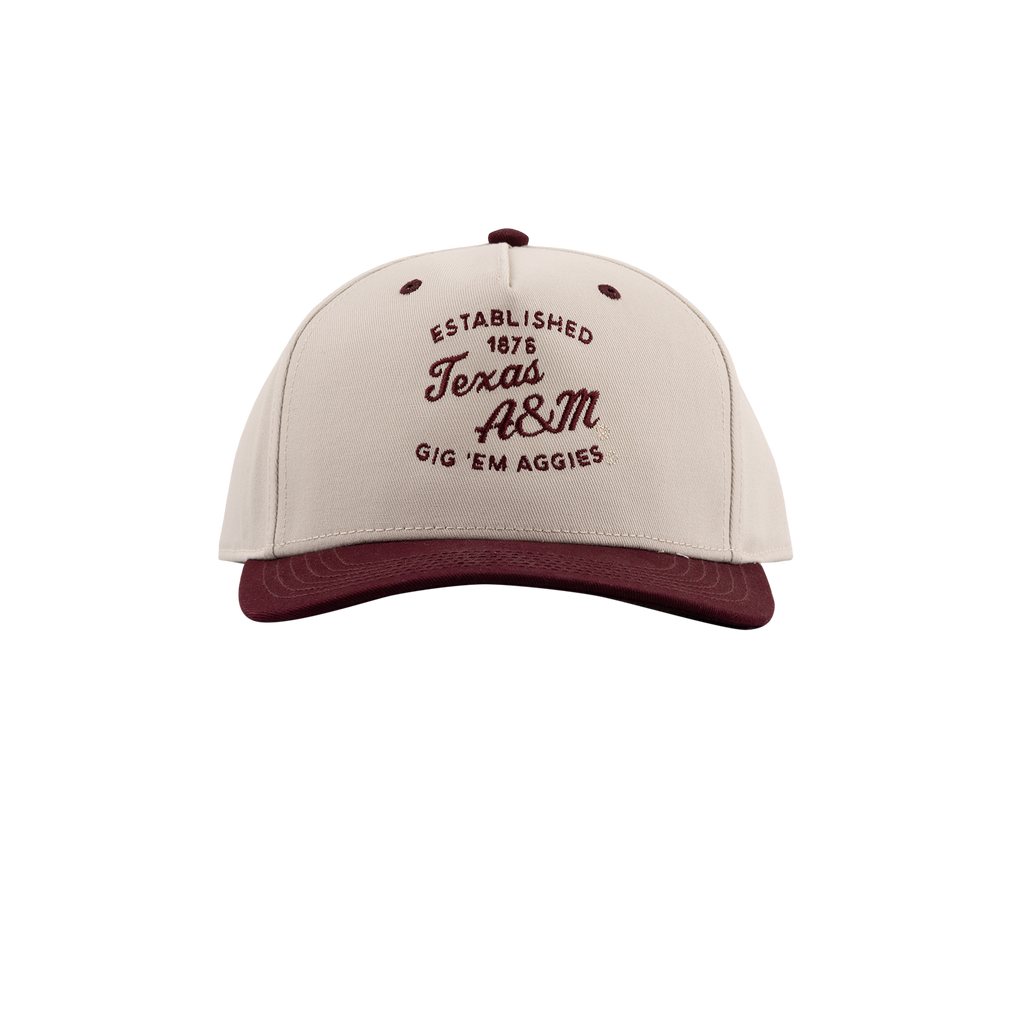 Beige colored hat with maroon bill and Texas A&M lettering