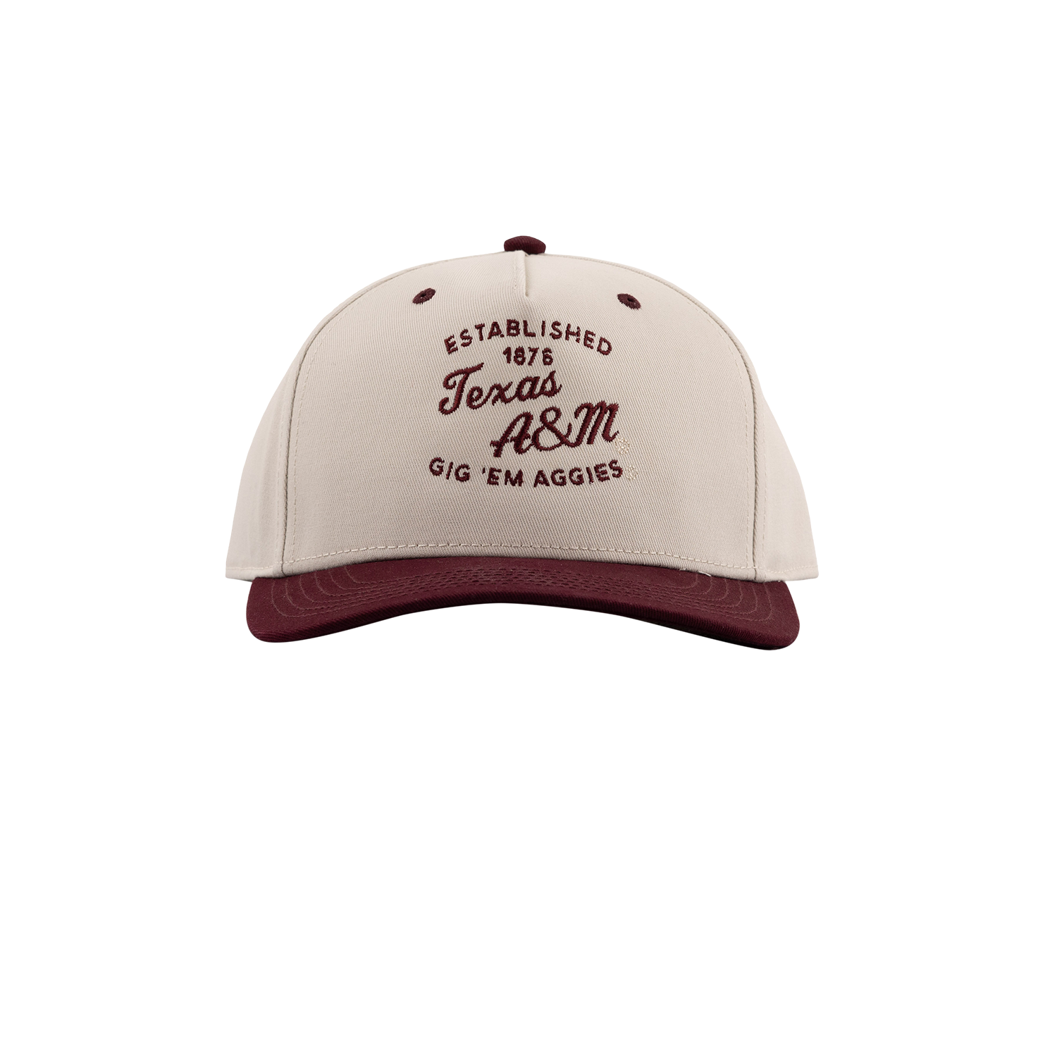 Beige colored hat with maroon bill and Texas A&M lettering