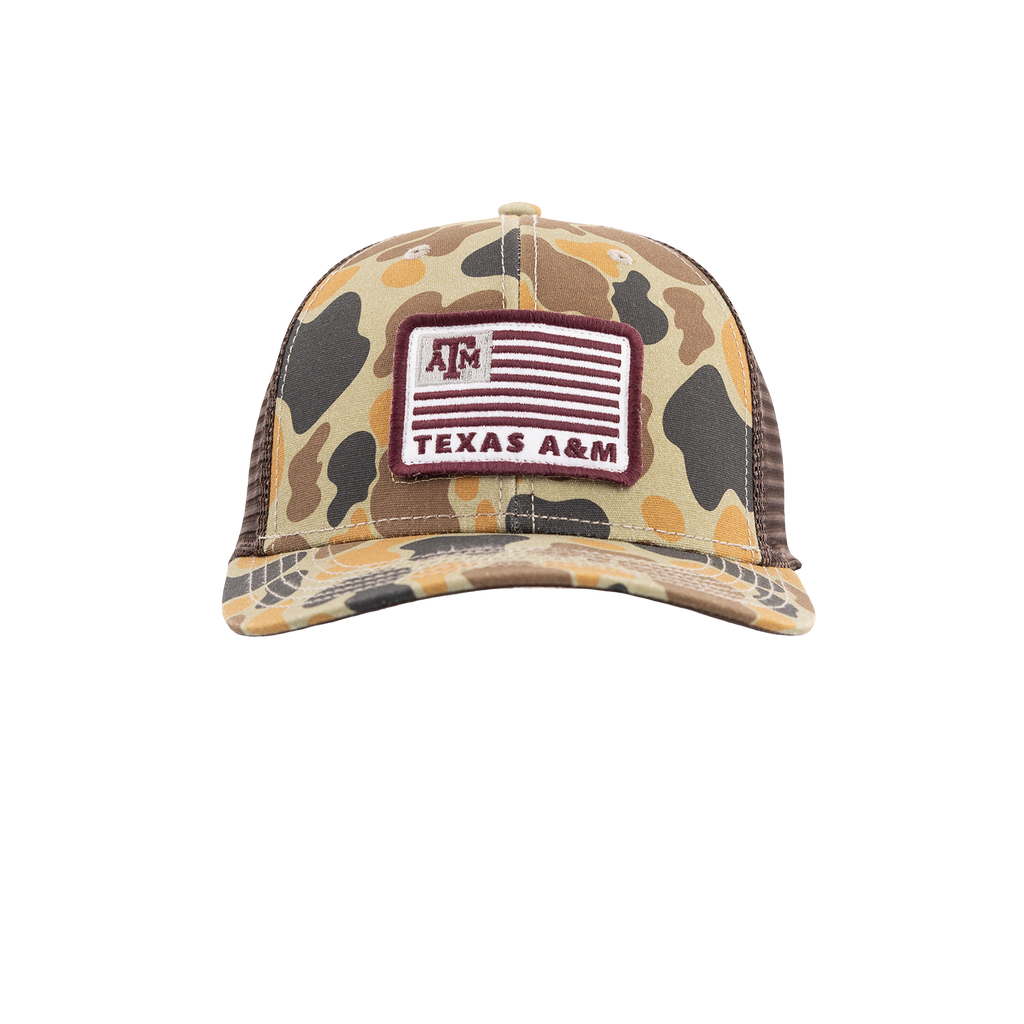 Camouflage trucker hat with Texas A&M patch