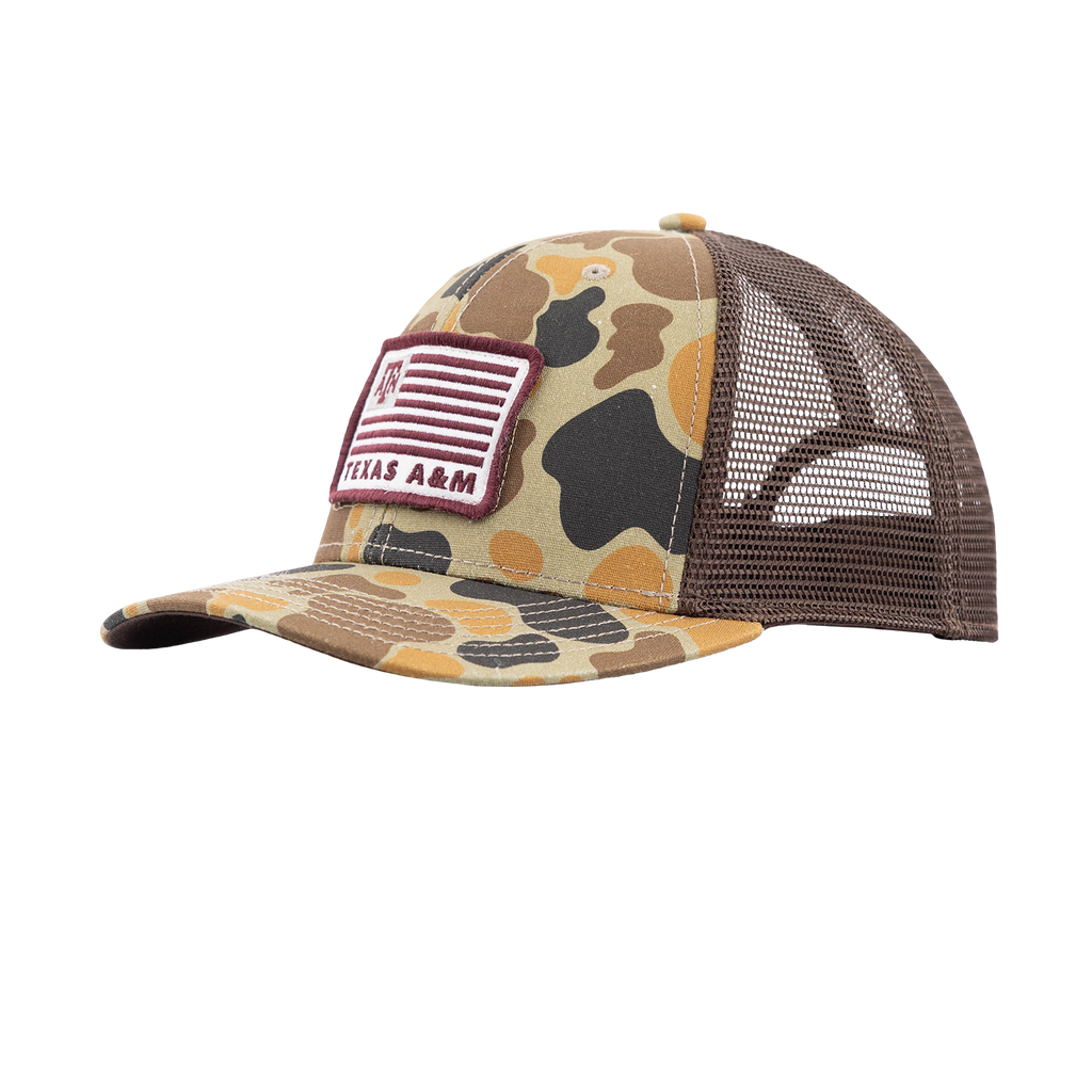 Mesh back baseball cap with camo front and bill. Designed with a maroon American Flag Texas A&M style patch. 