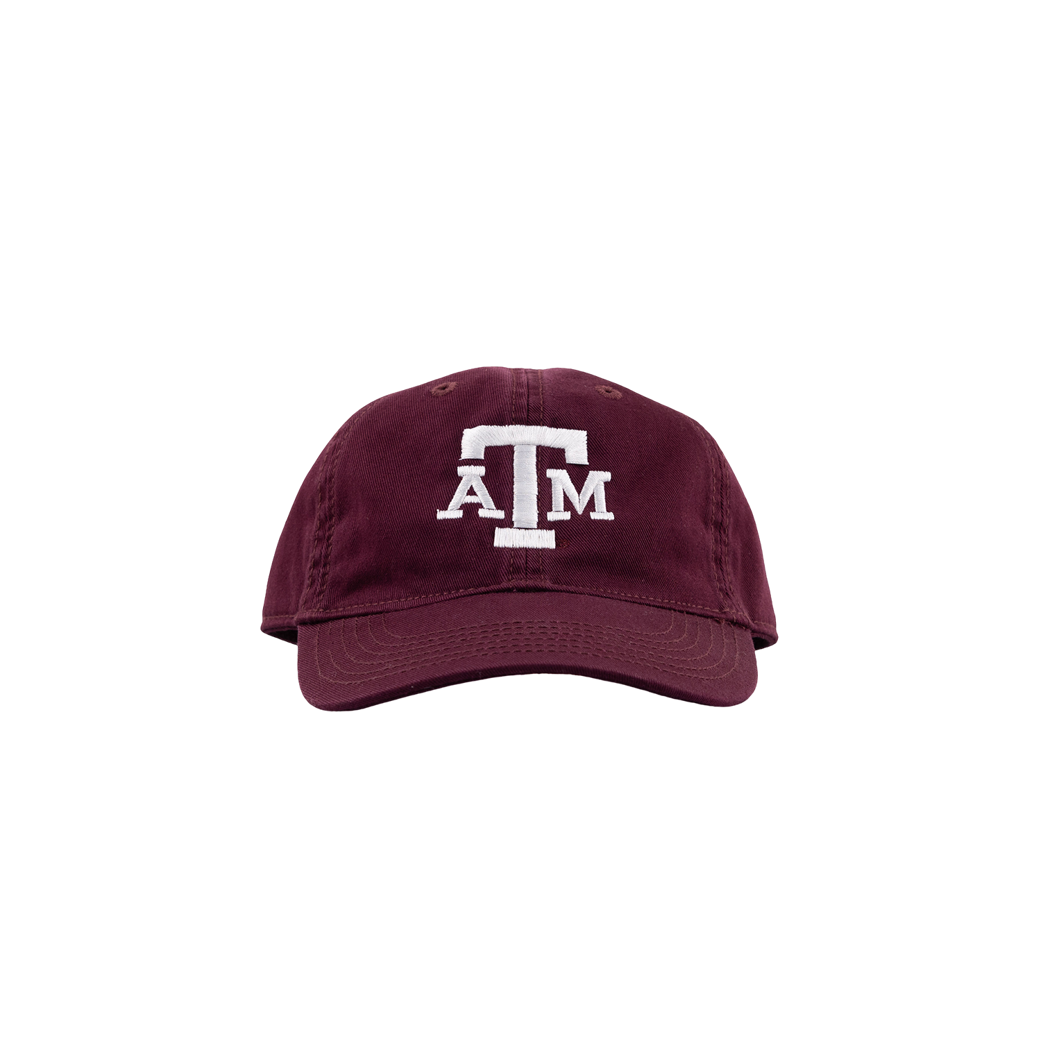 A maroon baseball cap featuring a white embroidered 'A&M' logo on the front