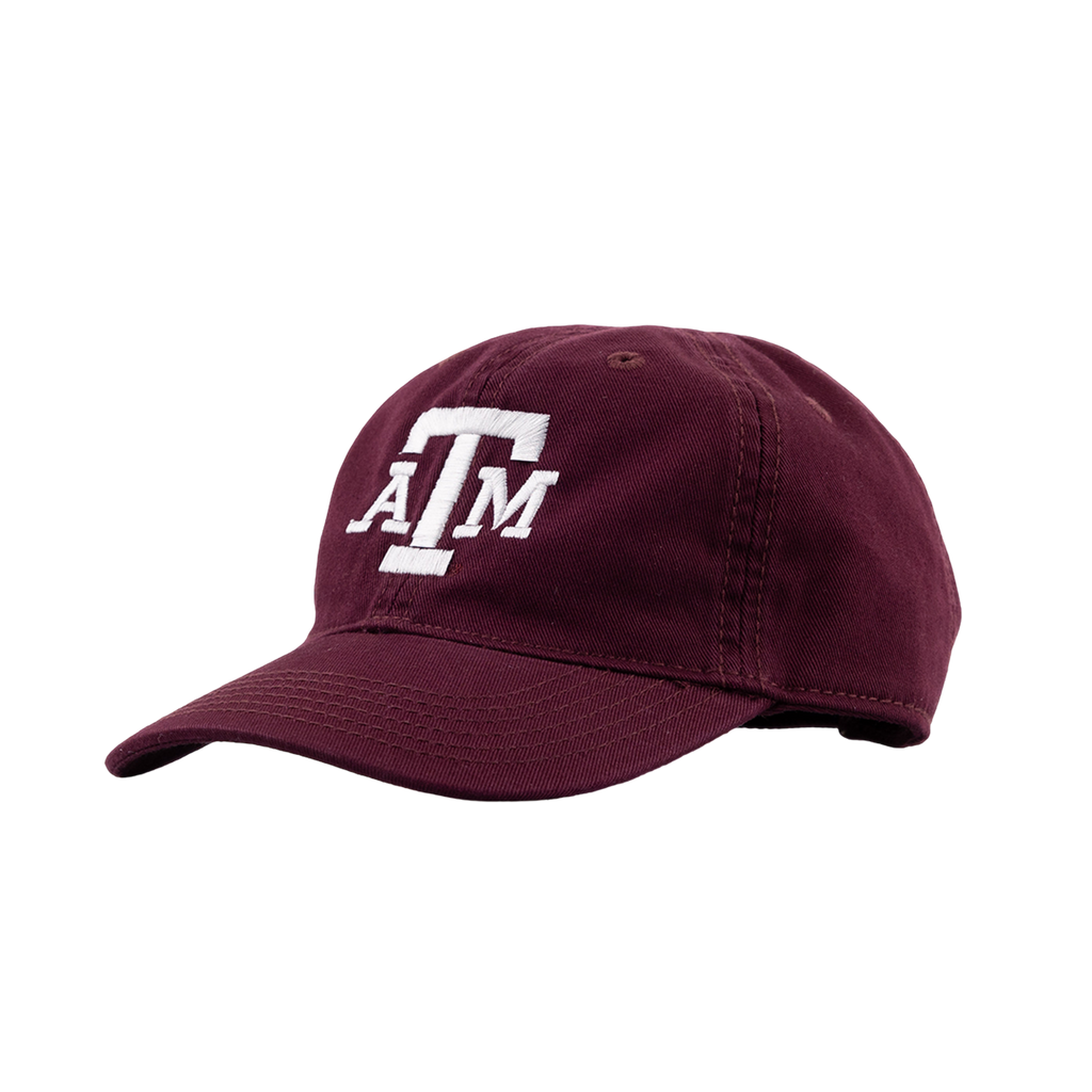A toddler baseball cap in maroon with a white embroidered ATM logo on the front. 