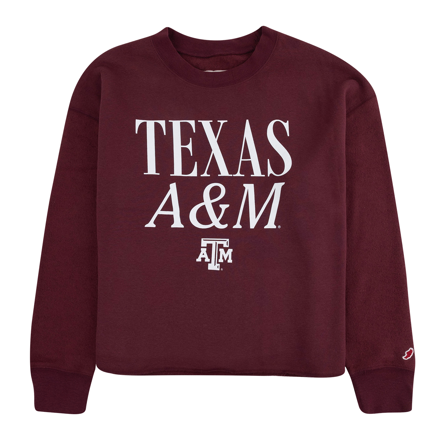 A maroon crewneck sweatshirt featuring 'TEXAS A&M' and the 'A&M' logo printed in white on the front, with a small white embroidered League logo on the left sleeve cuff.