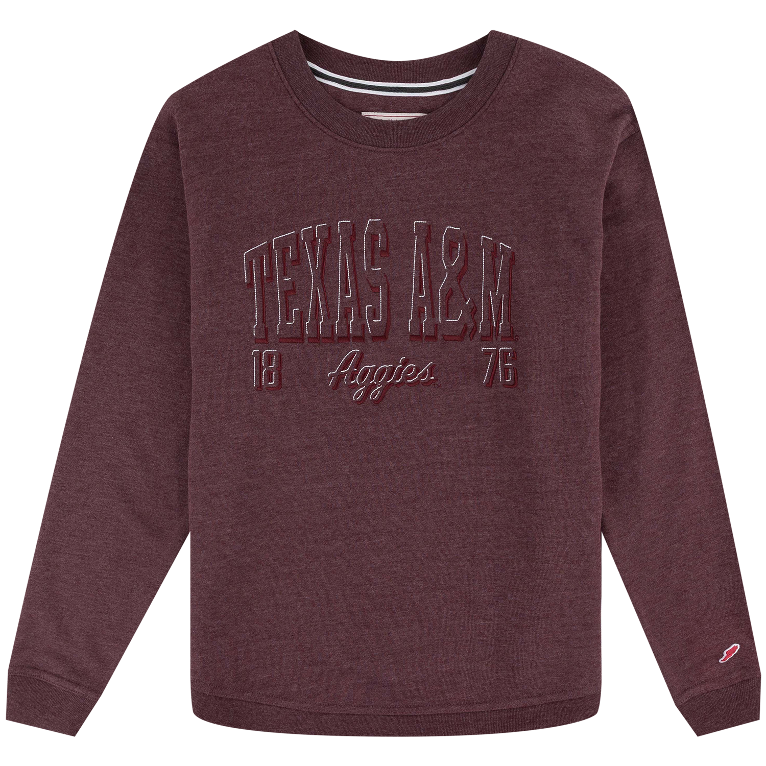 Heathered maroon pull over with maroon and white embroidered design on the front reading "Texas A&M", "Aggies", "1876".