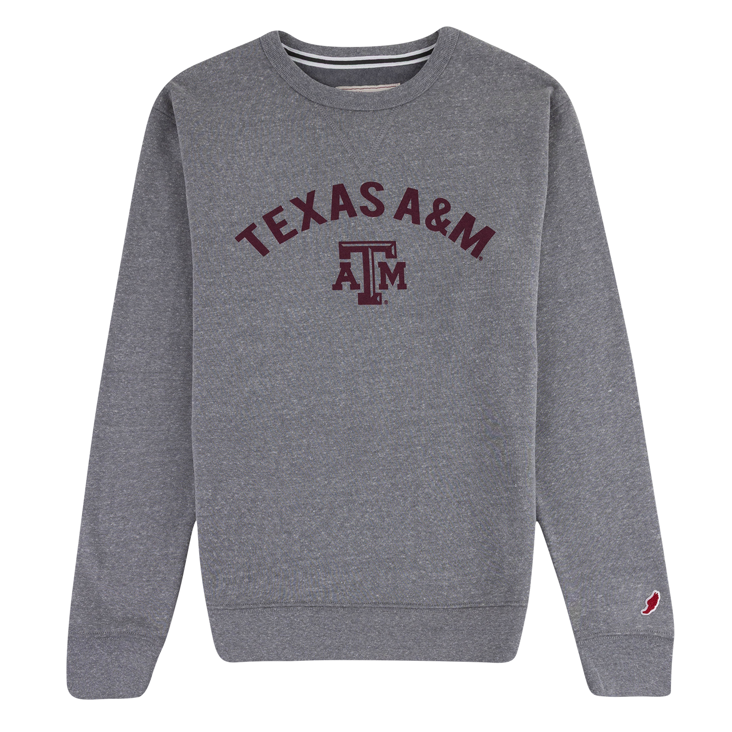 Heathered grey fleece crewneck with Texas A&M graphic in maroon.