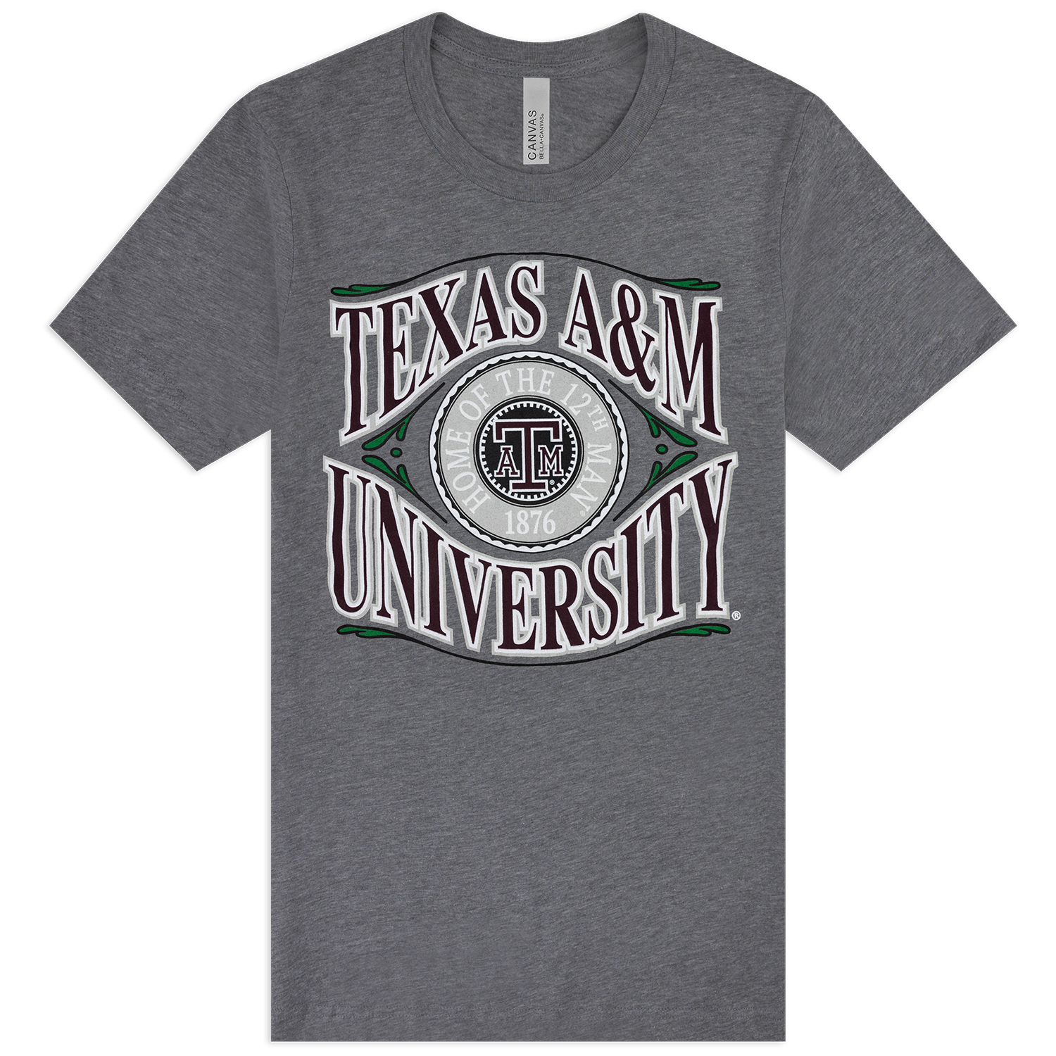 A heather gray crewneck t-shirt featuring a large graphic print of the Texas A&M University logo on the chest.