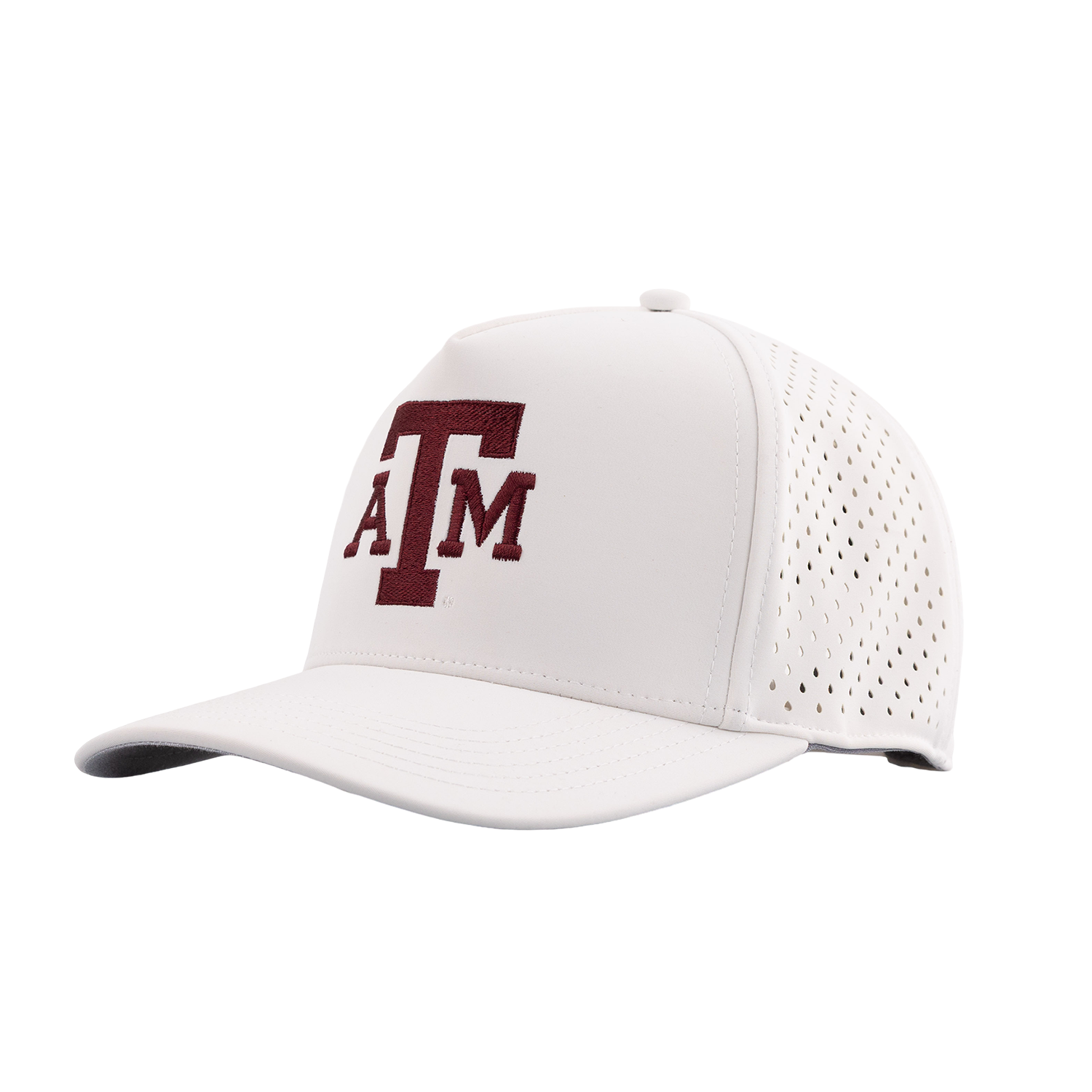 White baseball cap with maroon Texas A&M logo embroidered on front. 