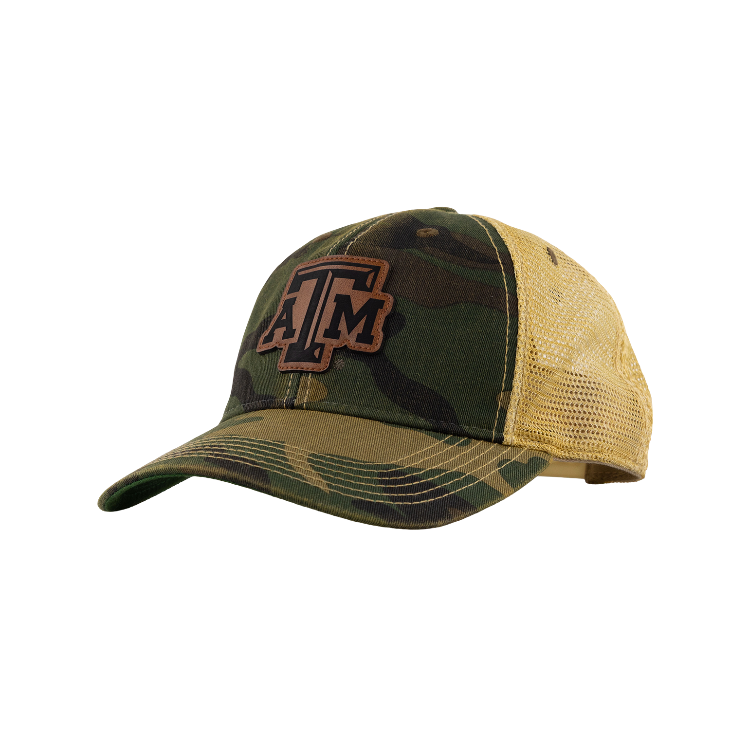 A camouflage trucker hat with a tan mesh back and a brown embroidered 'A&M' logo on the front, shown against a plain white background.
