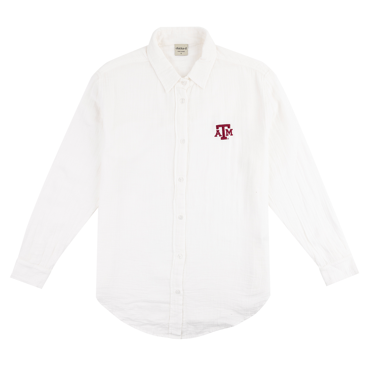 White button down with maroon ATM logo on the left side of the chest.