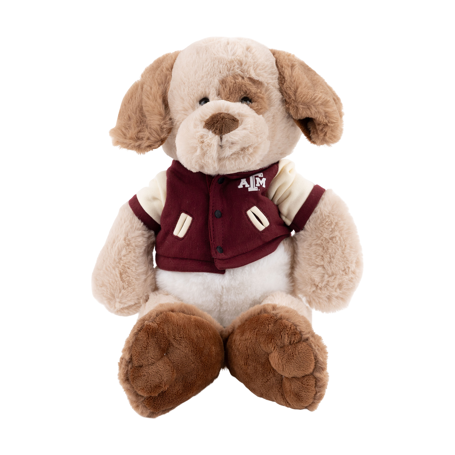 Plush dog toy with a maroon vest 