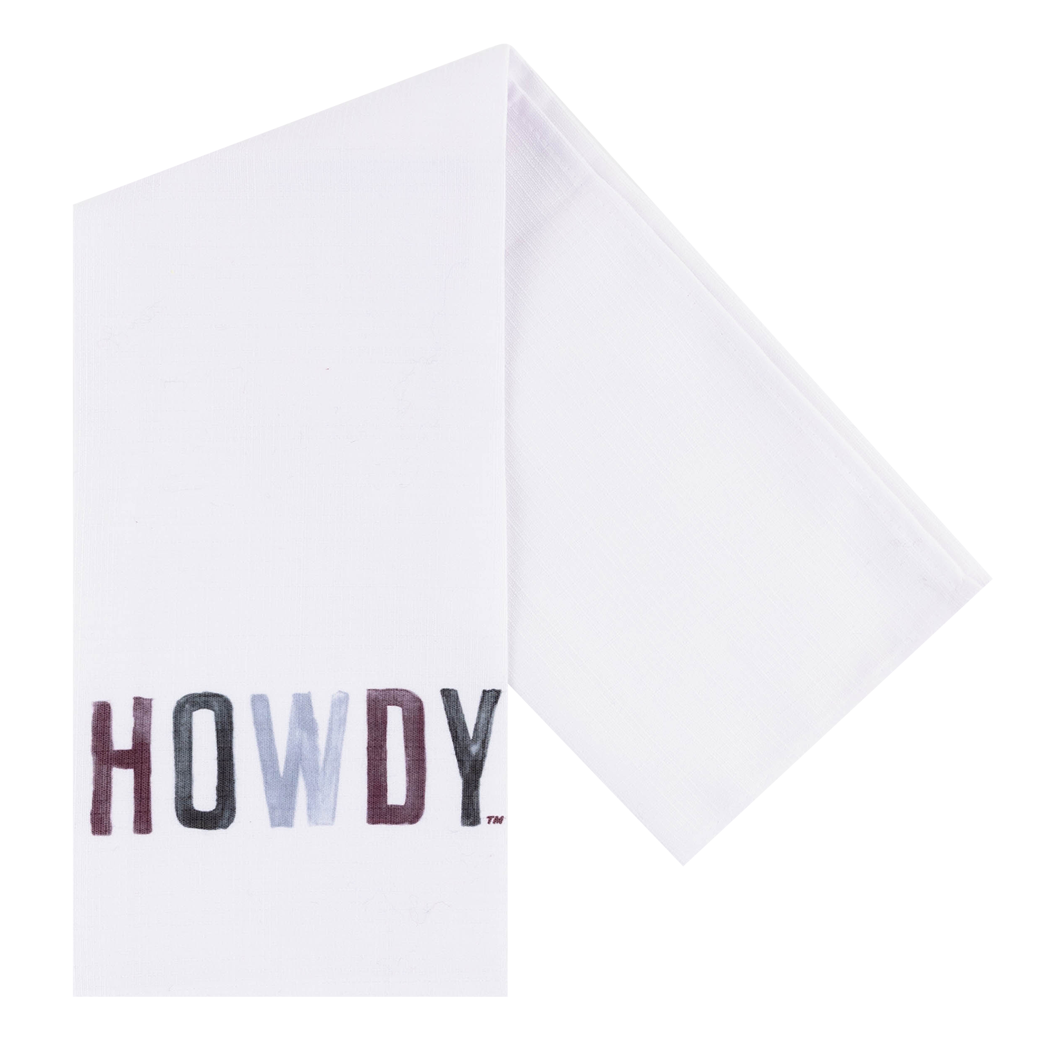 A white tea towel with the word 'HOWDY' printed across the front in a multicolor water color graphic, shown folded against a plain white background.