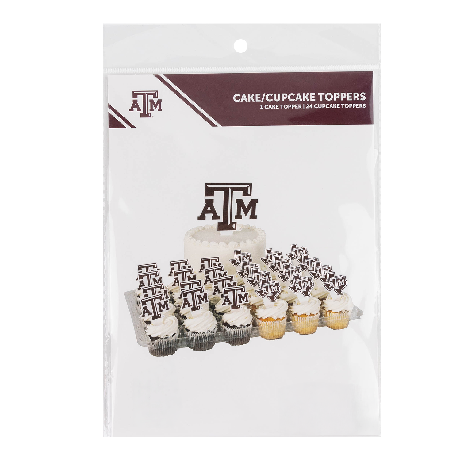 Pack of Texas A&M University branded cake and cupcake toppers in a clear plastic bag with a white header card. The package includes one large cake topper and 24 small cupcake toppers, shown with sample frosted cupcakes.