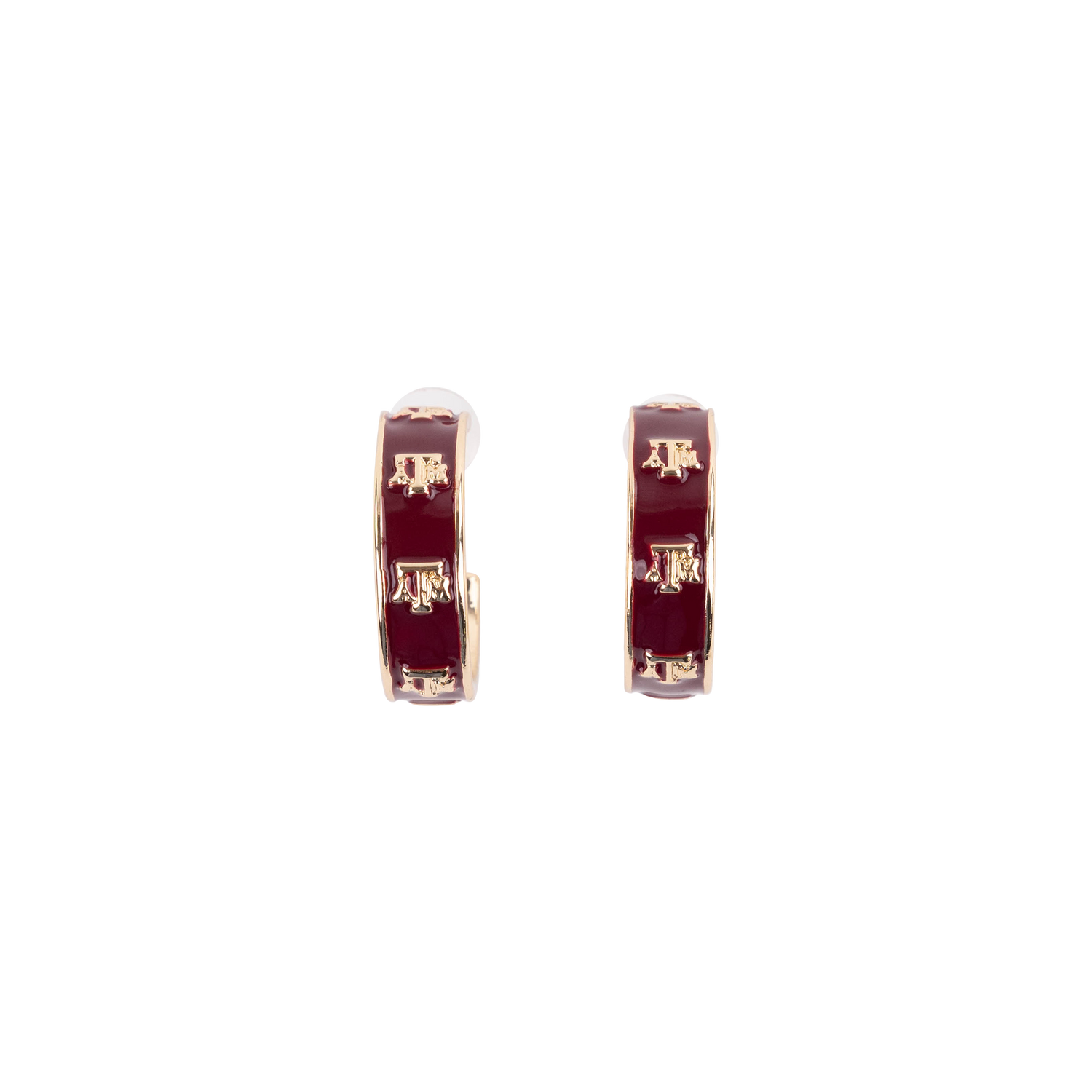 Pair of maroon hoop earrings with gold accents that are the Texas A&M logo