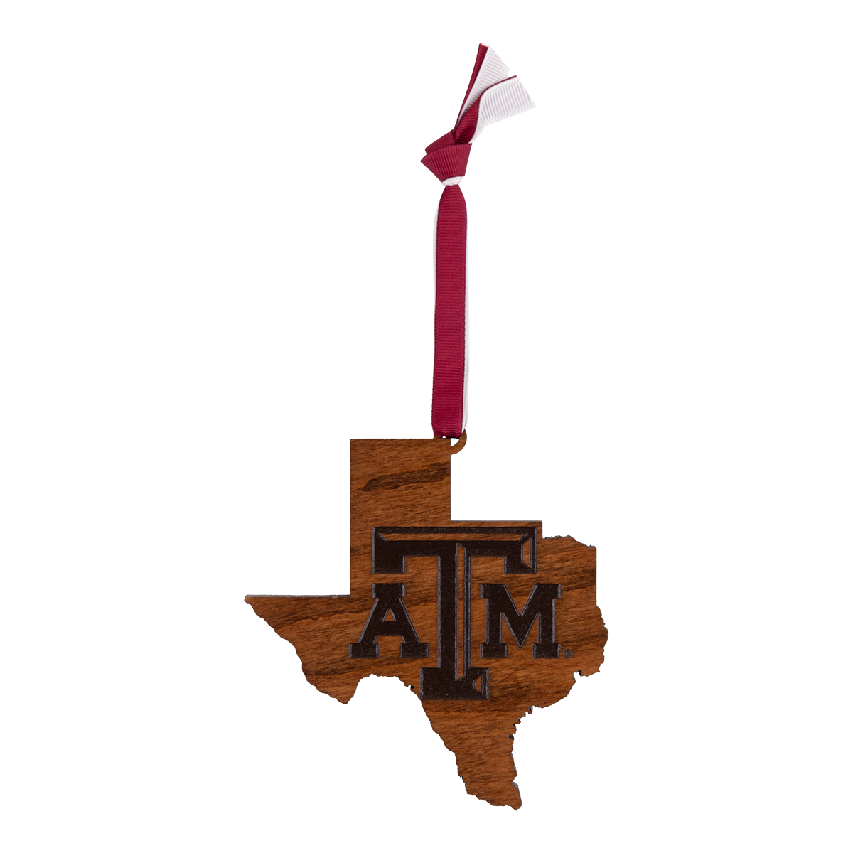 Wooden Texas Shaped Ornament with Beveled ATM logo hung on Maroon and White Ribbons