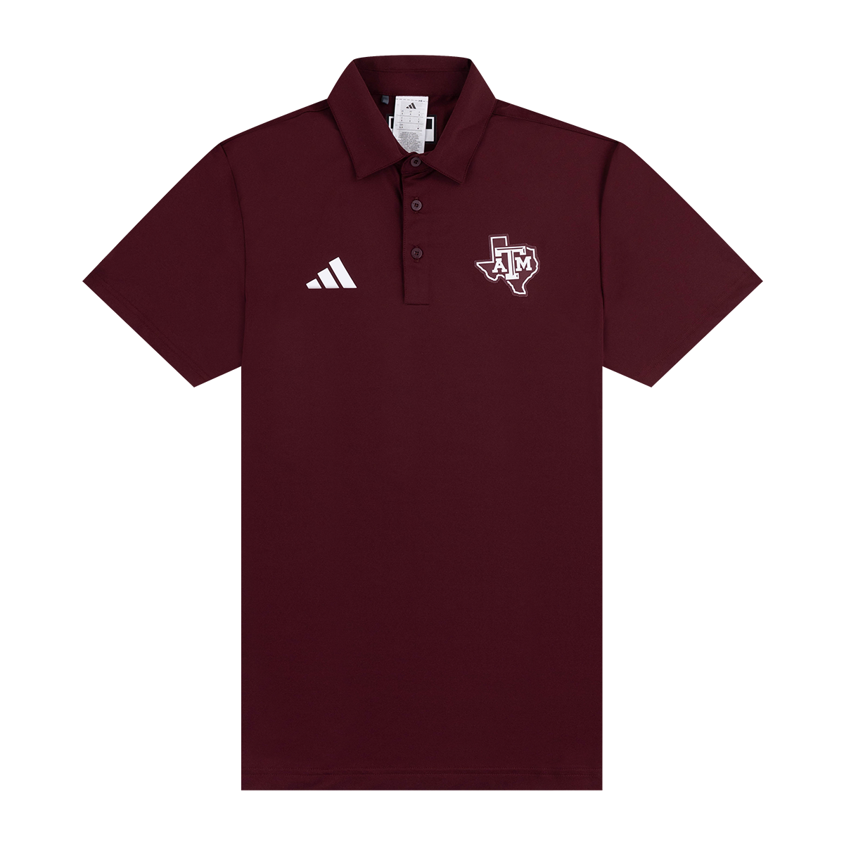 Maroon polo shirt with Adidas logo and Texas A&M emblem 