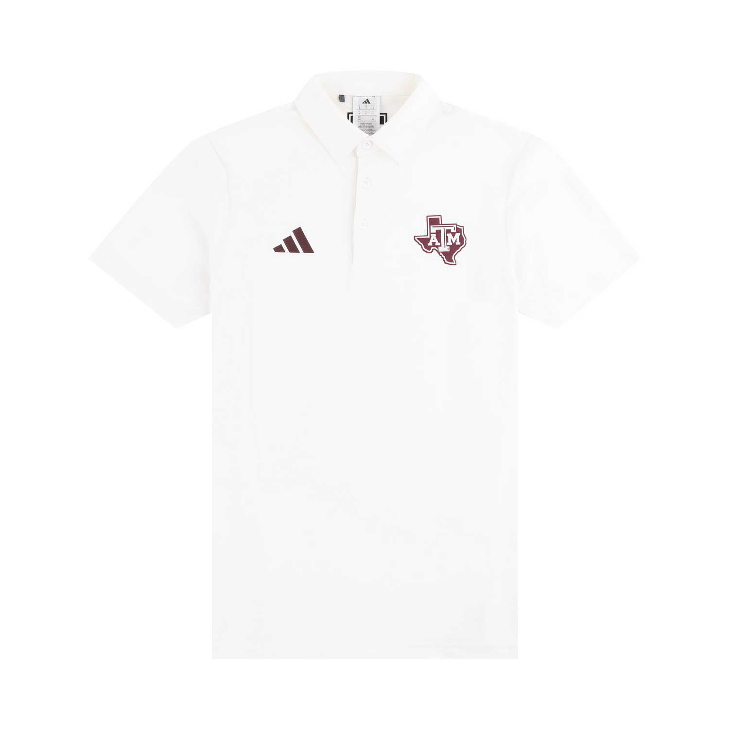 White polo with Adidas logo on the chest and Texas A&M logo 