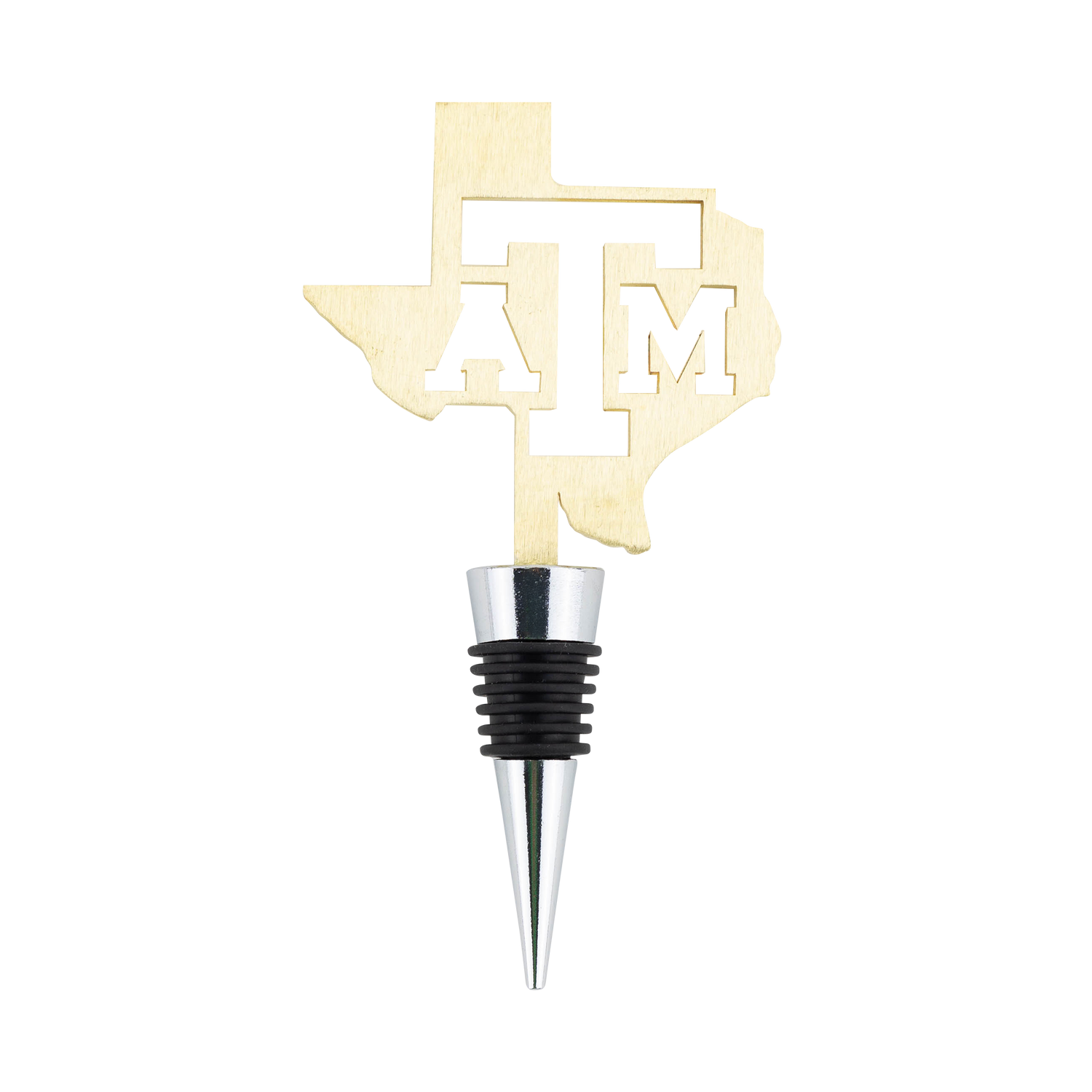 Wine bottle stopper with Texas A&M cut out in the middle.