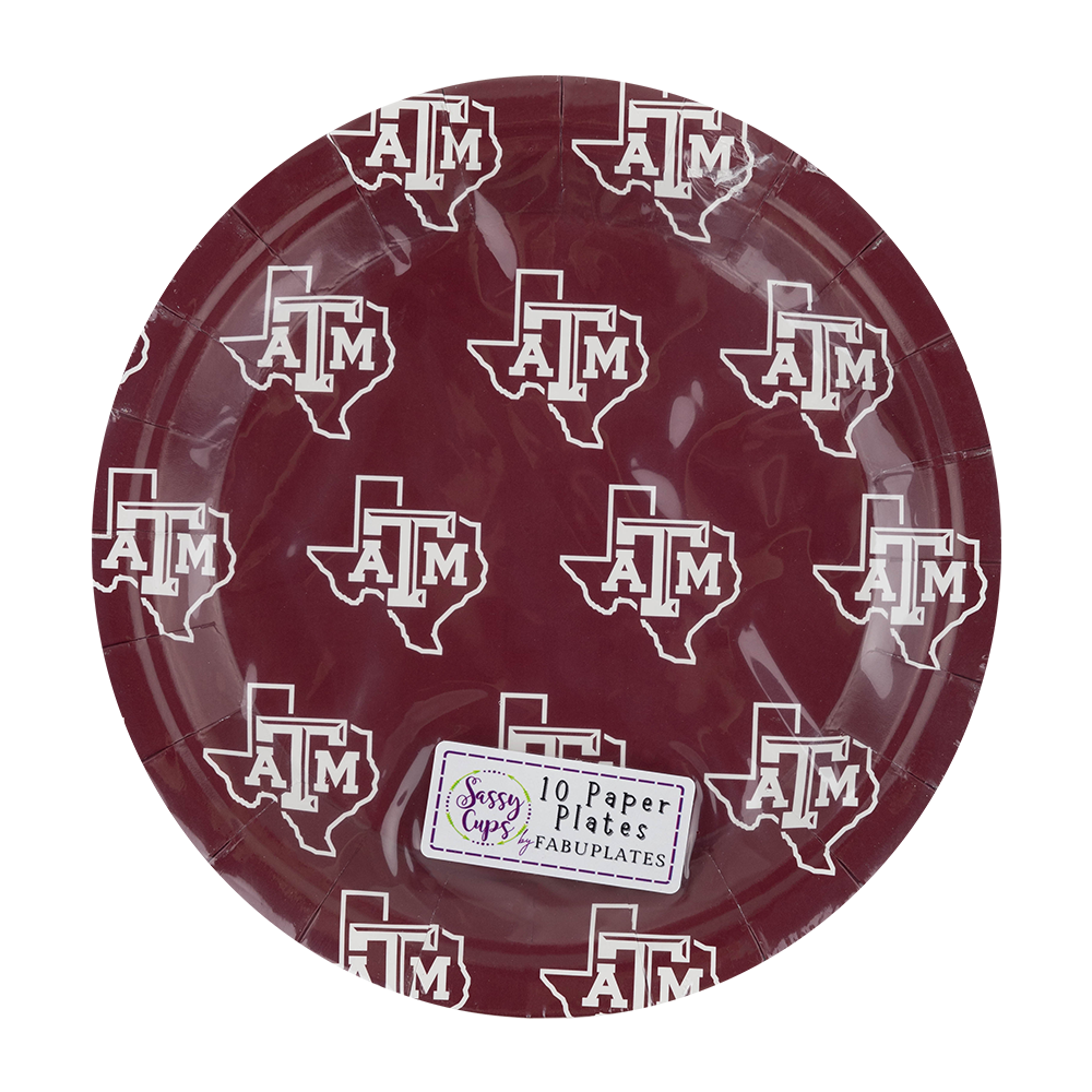 Maroon paper plates with Texas A&M logo, featuring a label for 'Sassie Cups Fabu Plates'.