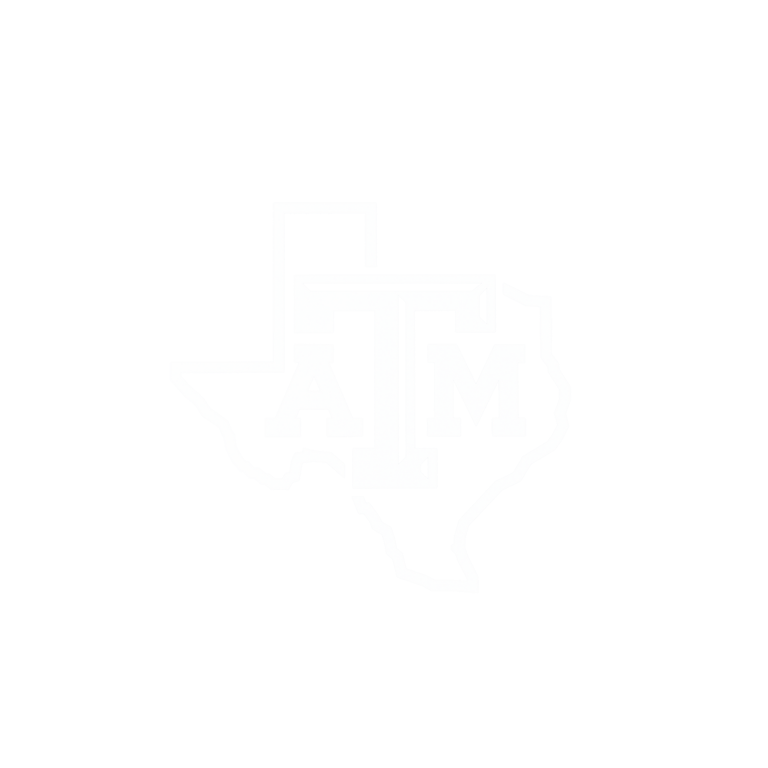 White Texas A&M ATM logo over a Texas-shaped outline sticker.