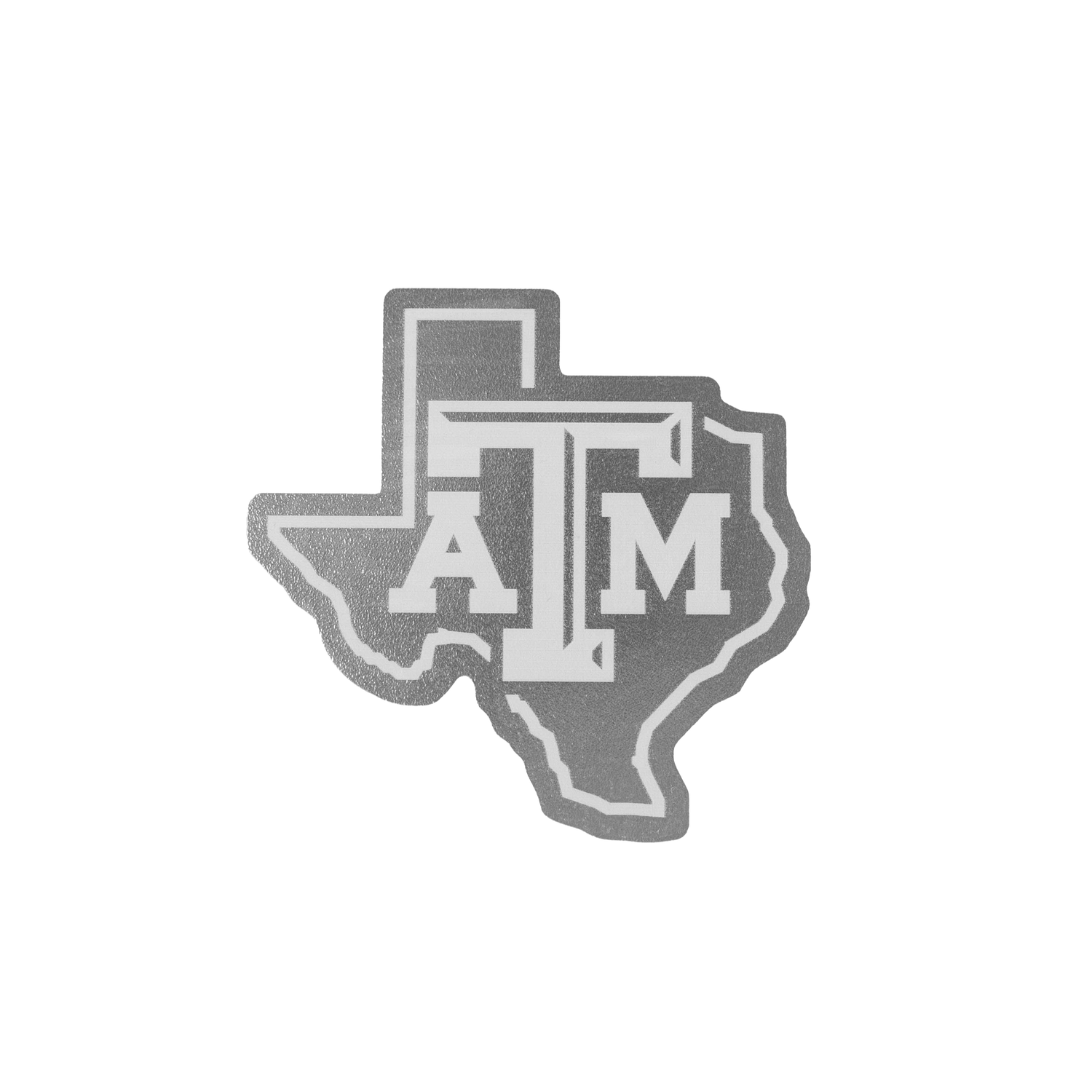 Silver Texas A&M ATM logo over a Texas-shaped outline sticker.