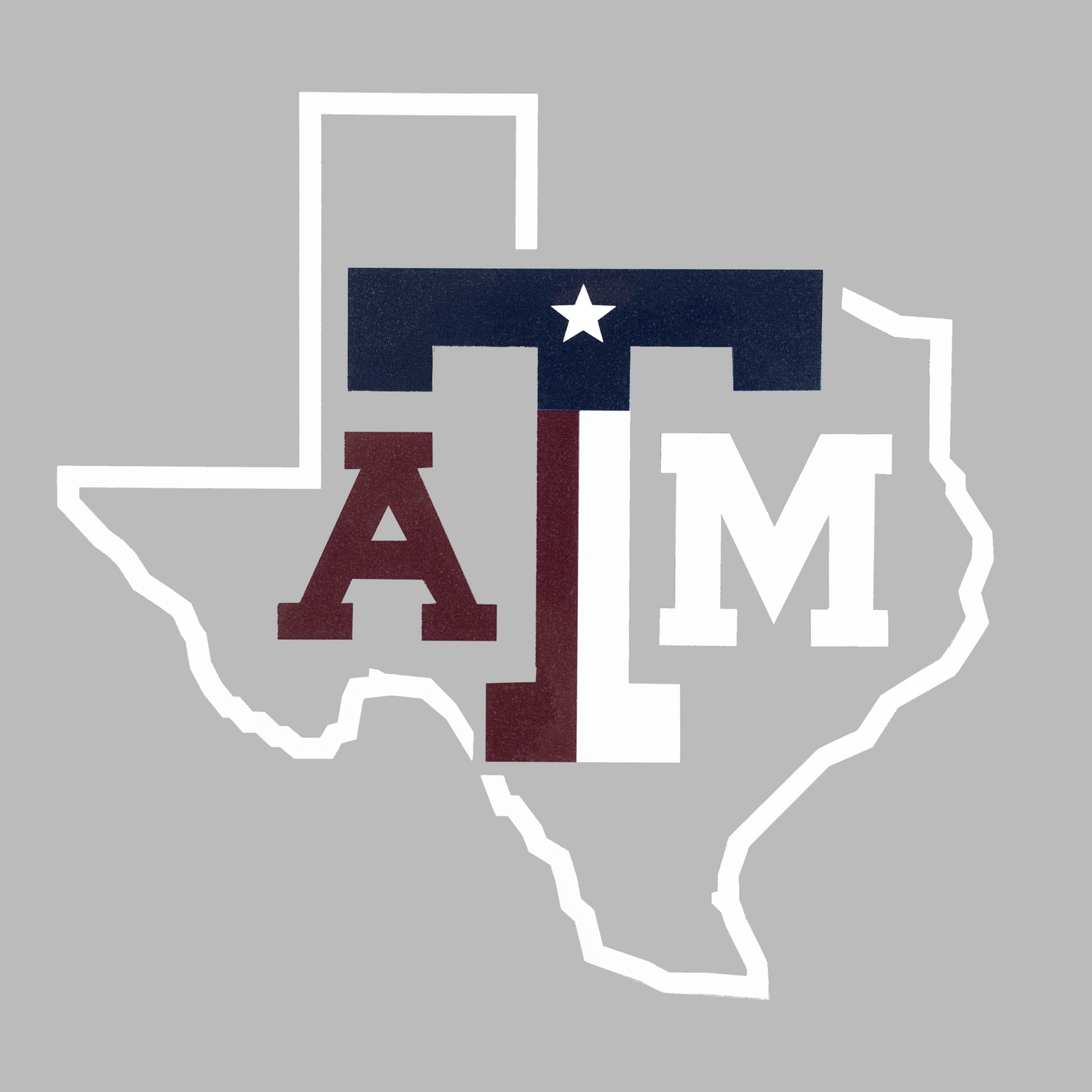 Texas A&M logo decal in the shape of the Texas state outline, with 'ATM' letters styled using the Texas flag