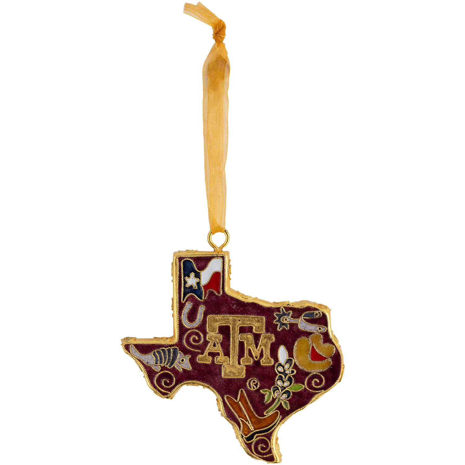 Maroon Texas-shaped Texas A&M “Howdy” ornament with gold trim, embroidered decorative details, and a gold hanging ribbon.