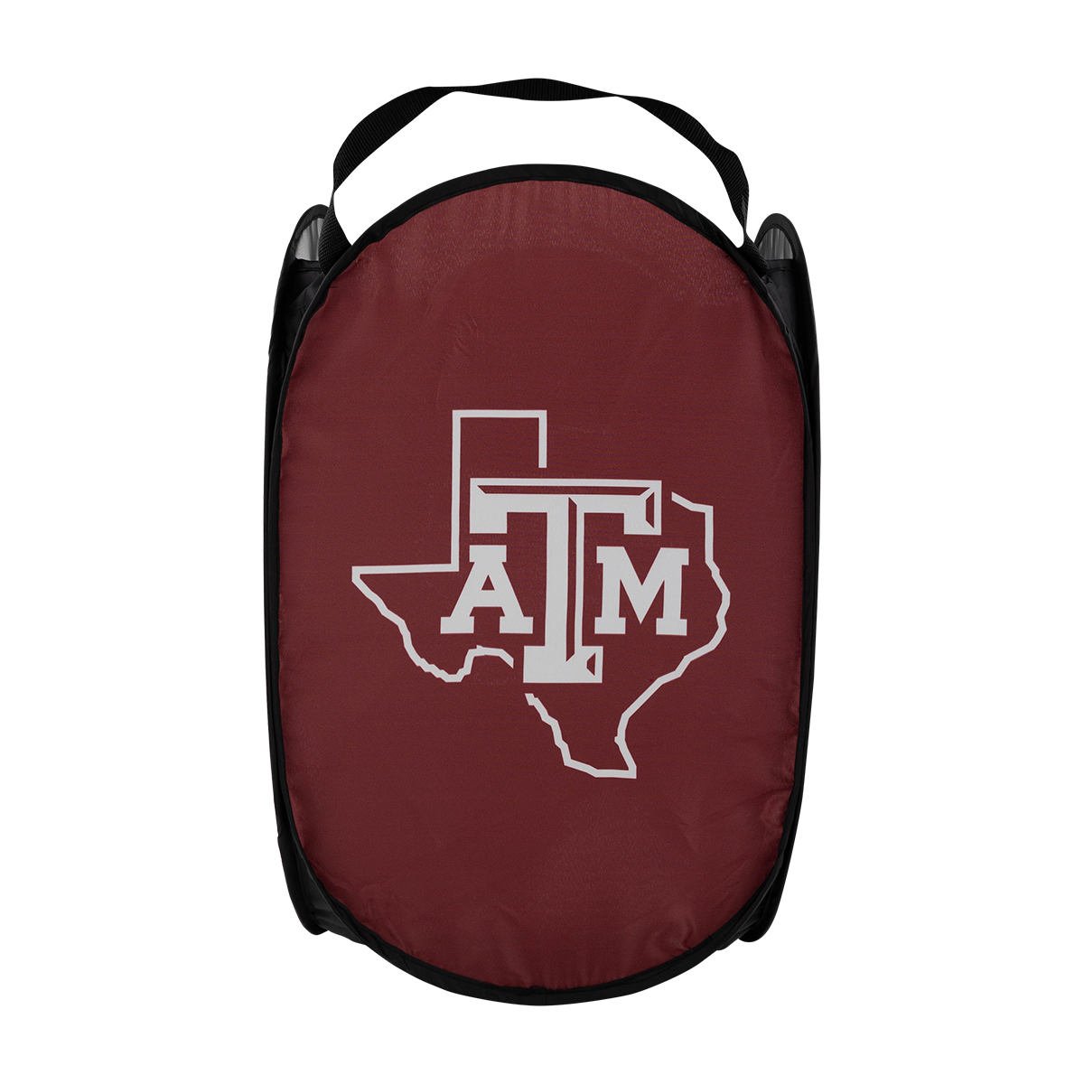 Maroon laundry bag with the Texas A&M logo on it in white.