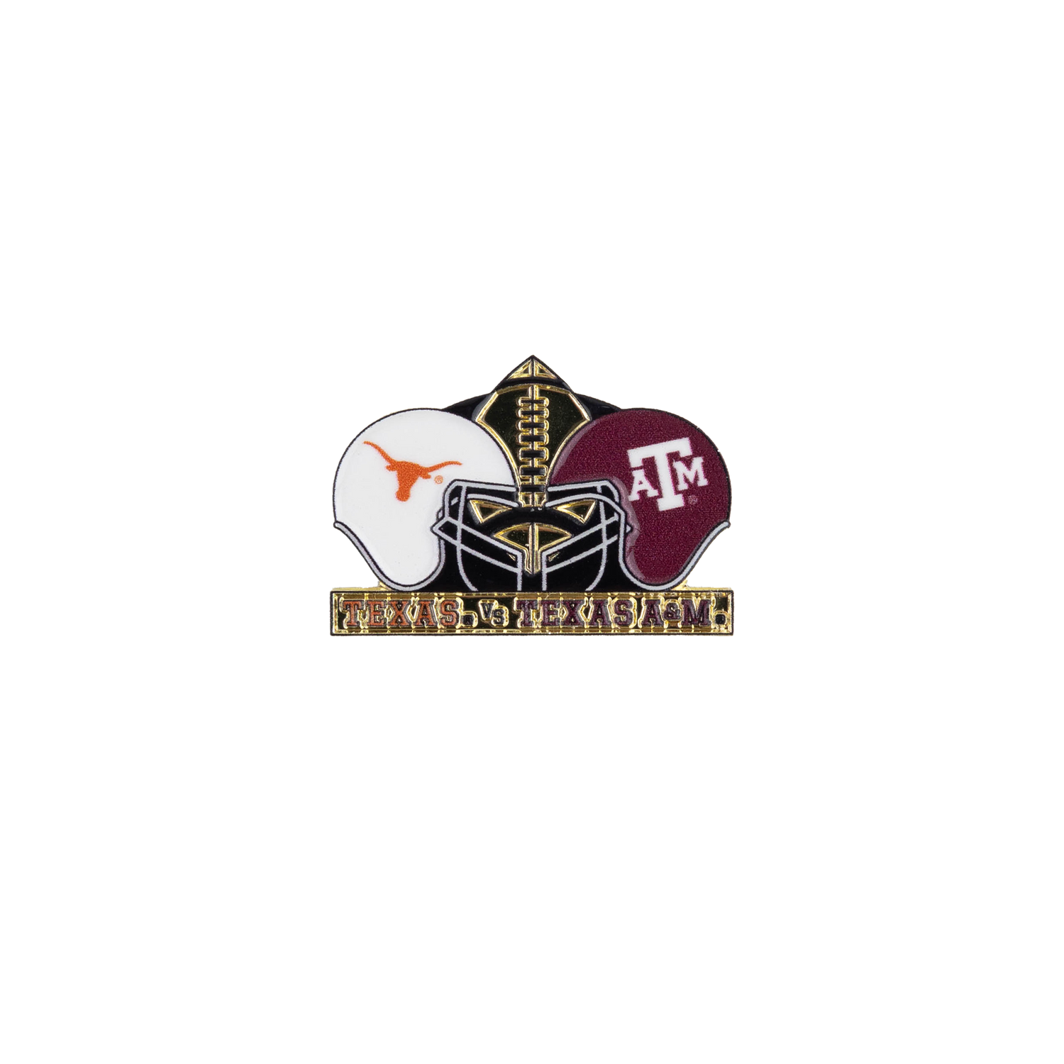 Texas vs. Texas A&M football collectible pin featuring a white Texas Longhorns helmet and maroon Texas A&M ATM helmet with a black and gold football and face mask design.