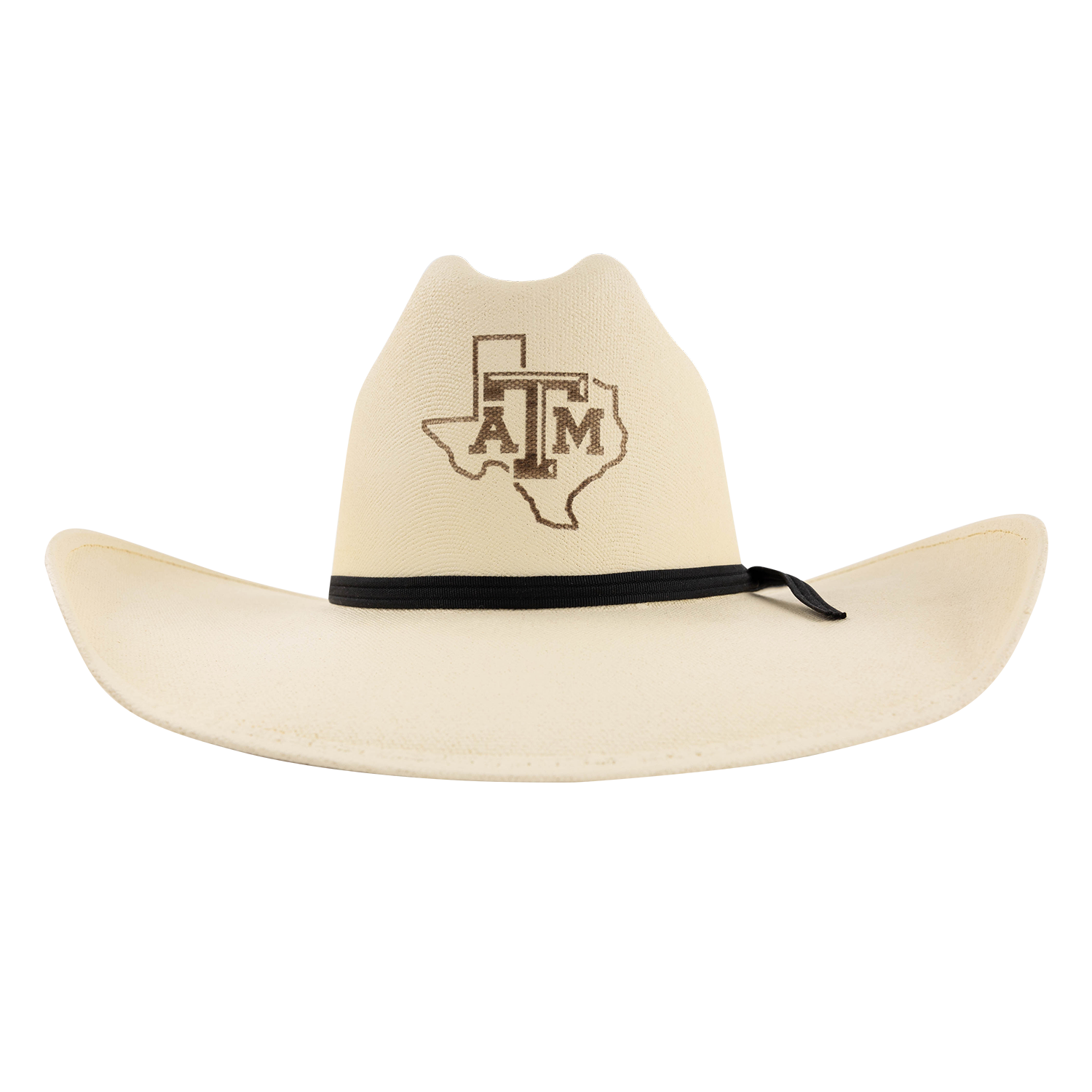 Cream cowboy hat featuring a Texas A&M logo outlined within the shape of Texas on the crown and a black hatband.