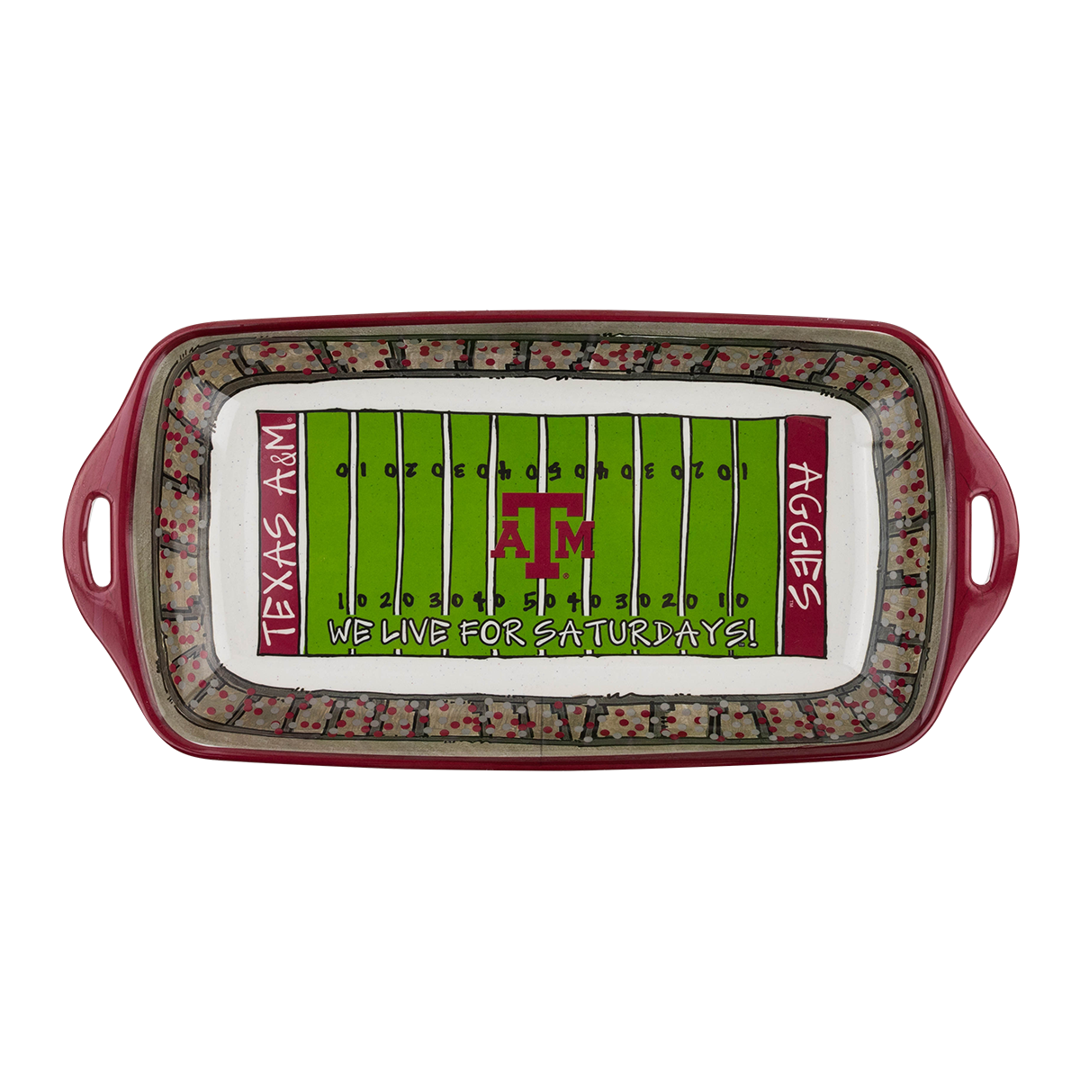 A rectangular ceramic serving dish with Texas A&M Aggies football theme, featuring a green field design with yard lines, a large 'TAM' logo, and red side panels with 'TEXAS A&M' and 'AGGIES' text.