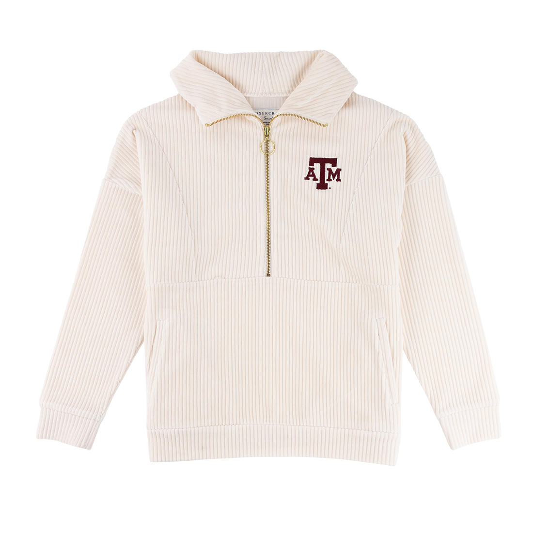 Cream half zip with maroon ATM logo on the left side of the chest